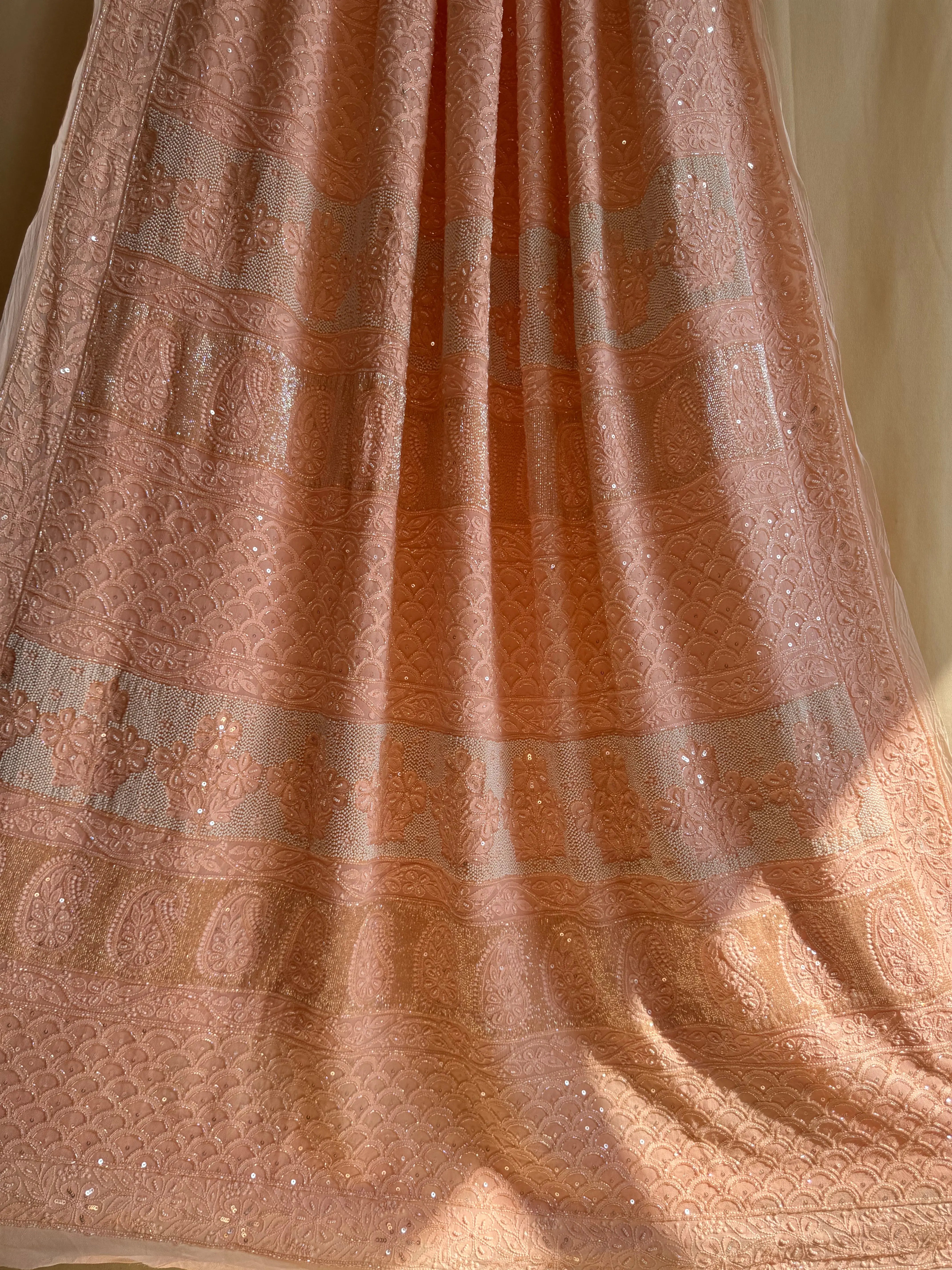 Viscose Peach Chikankari saree with Pearl embellishments ARIAA CHIKANKARI 