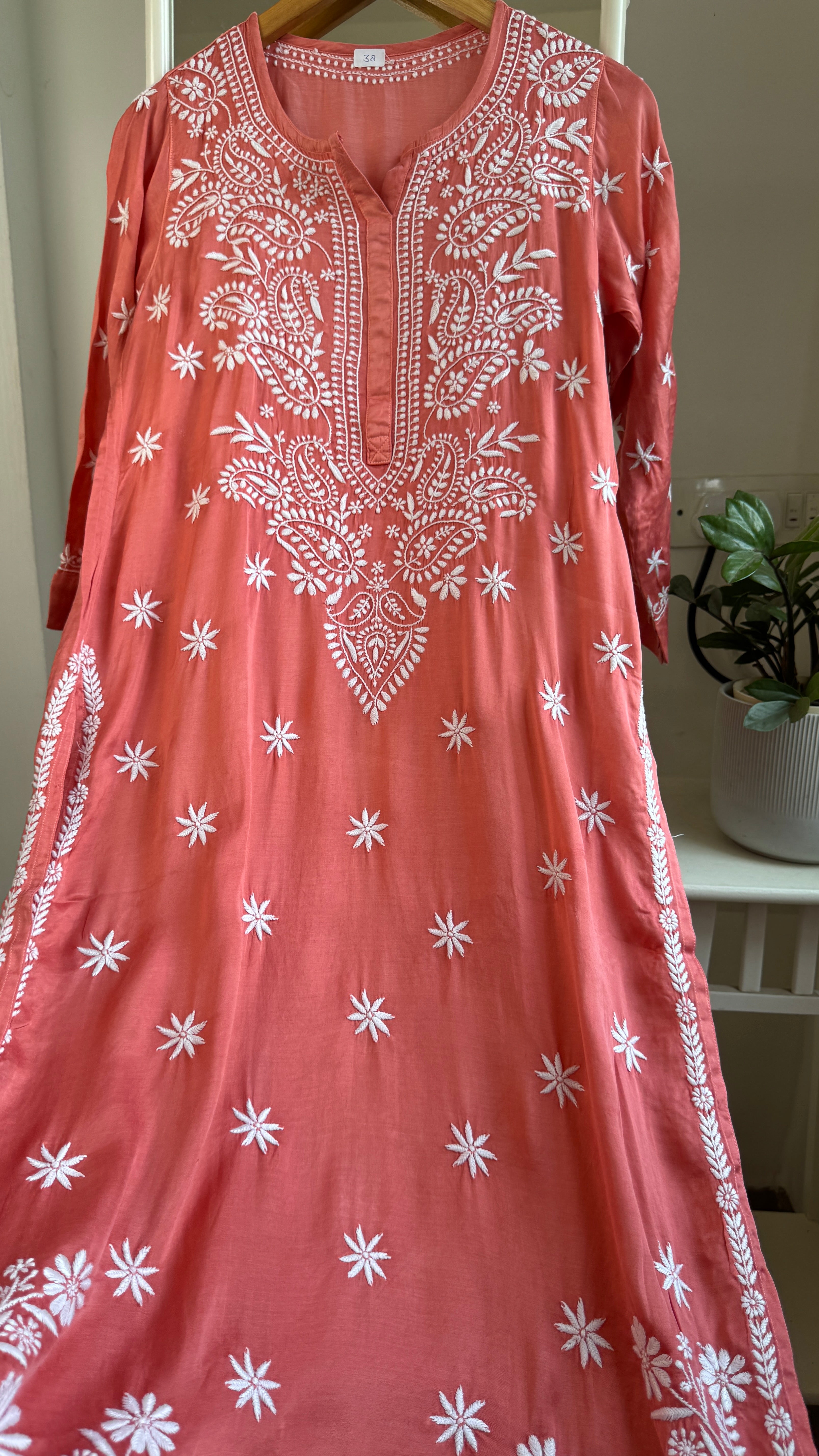 Modal Satin Silk Chikankari Pant Set - Peach