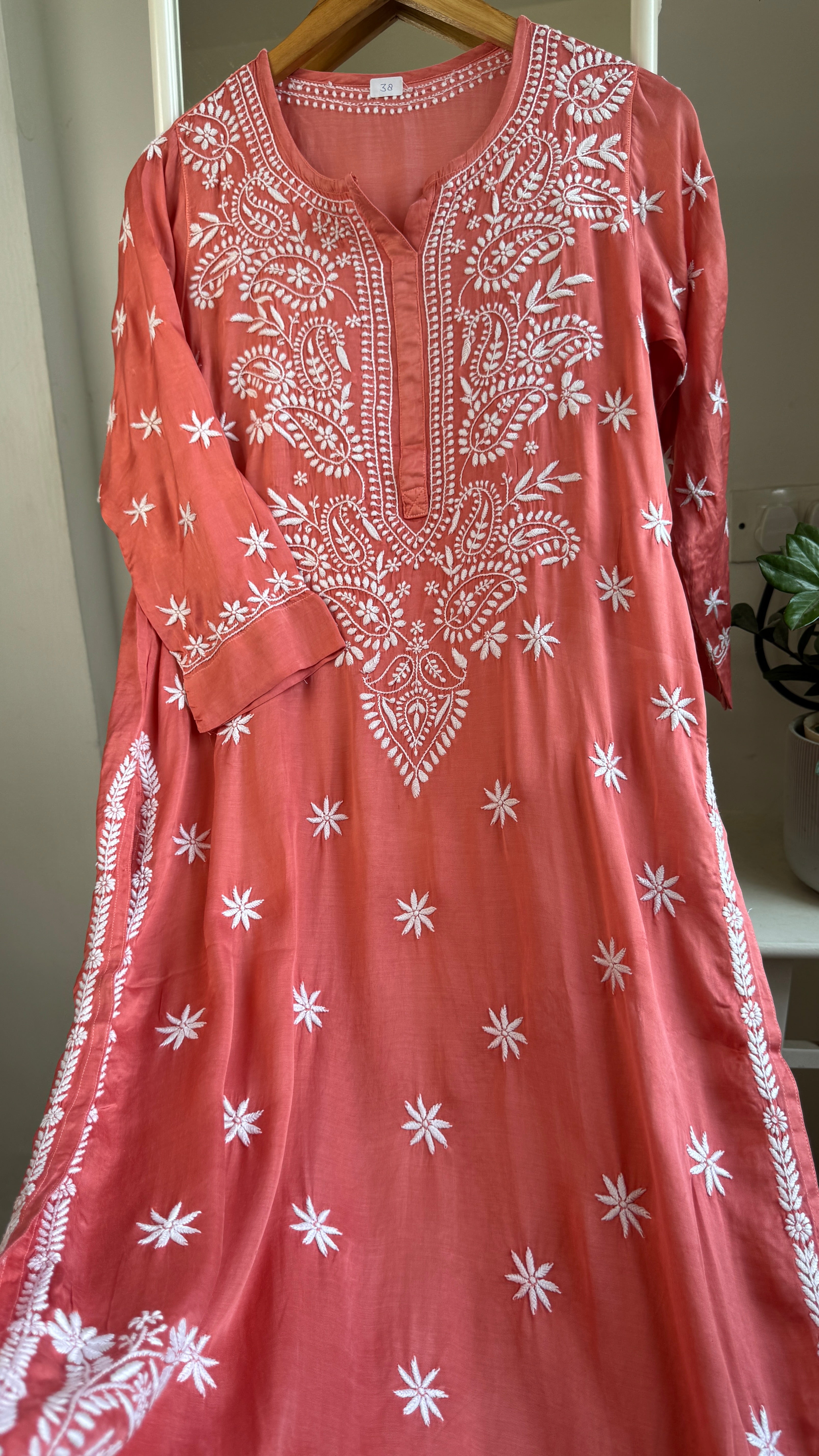 Modal Satin Silk Chikankari Pant Set - Peach