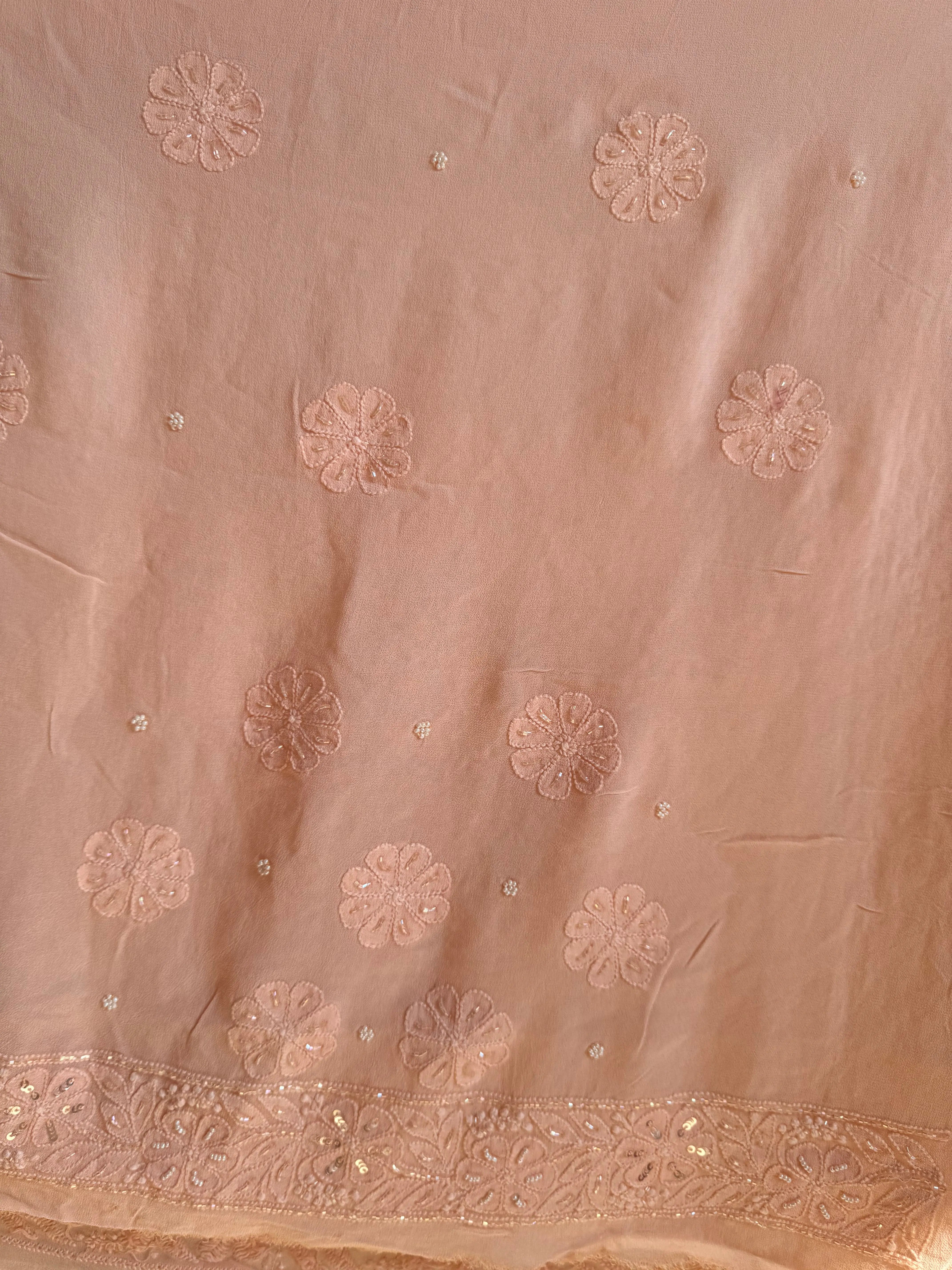 Viscose Peach Chikankari saree with Pearl embellishments ARIAA CHIKANKARI 