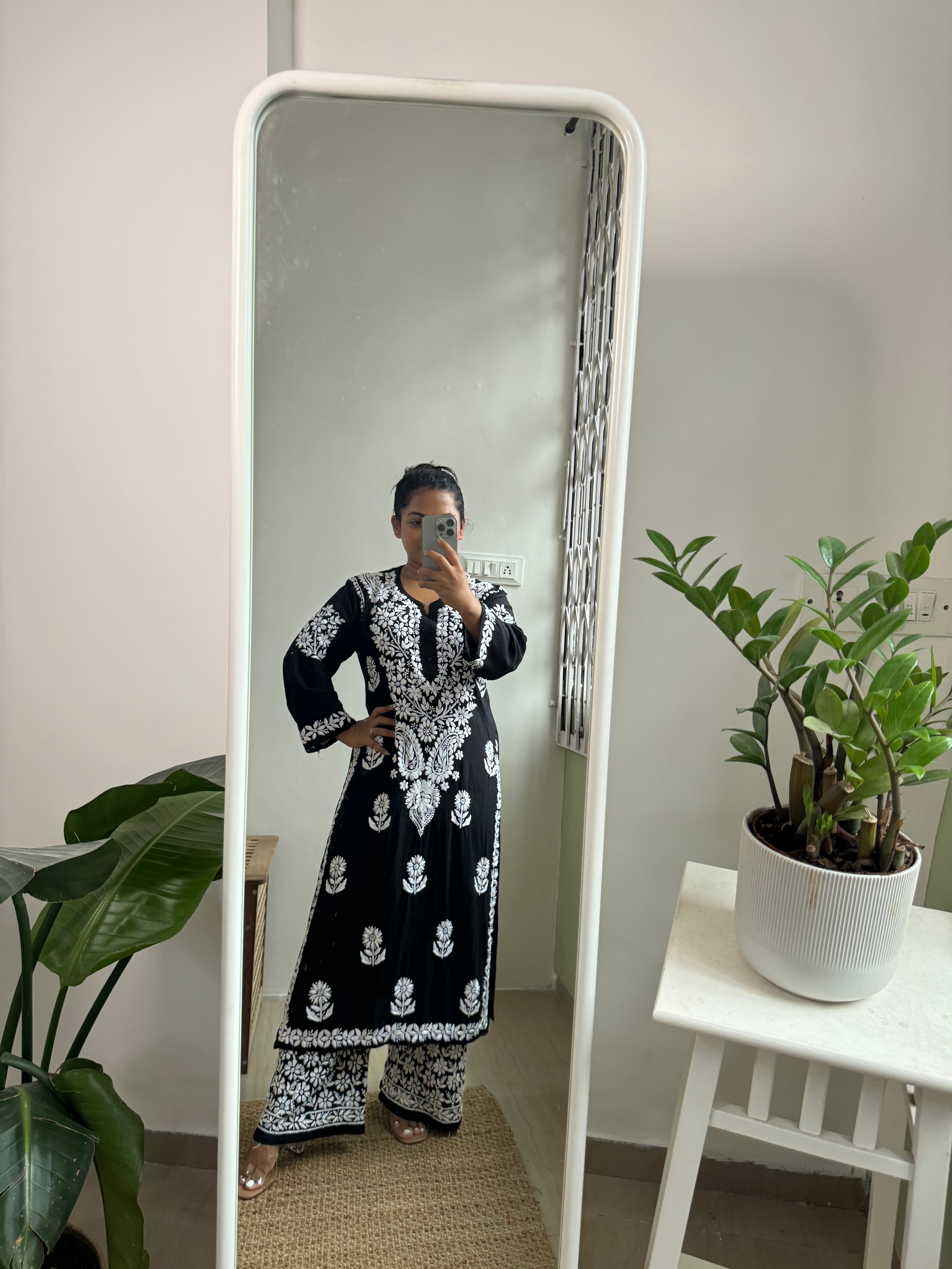 Modal Cotton Kurti Plazzo Set - Black ARIAA CHIKANKARI 