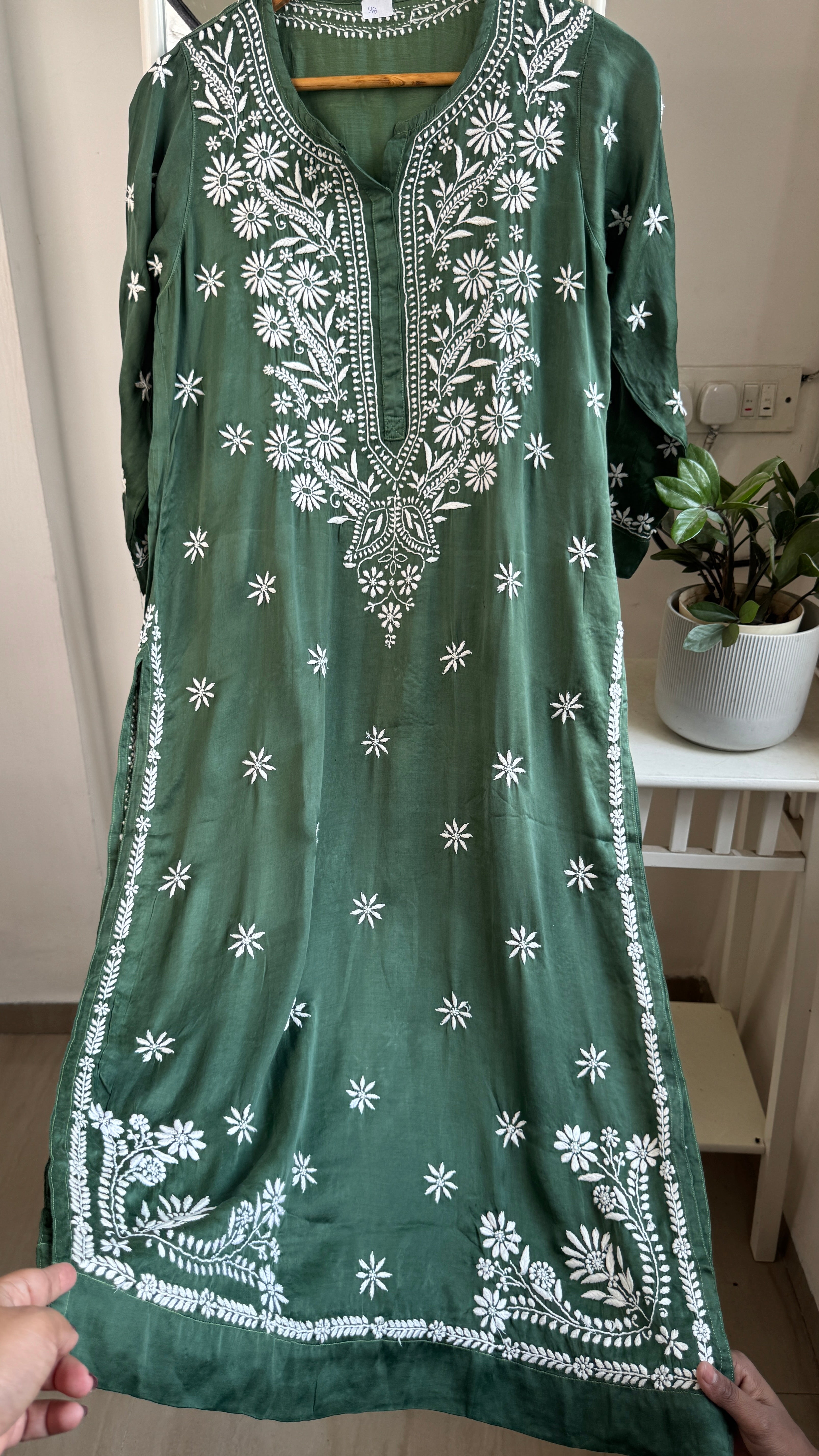 Modal Satin Silk Chikankari Pant Set - Green