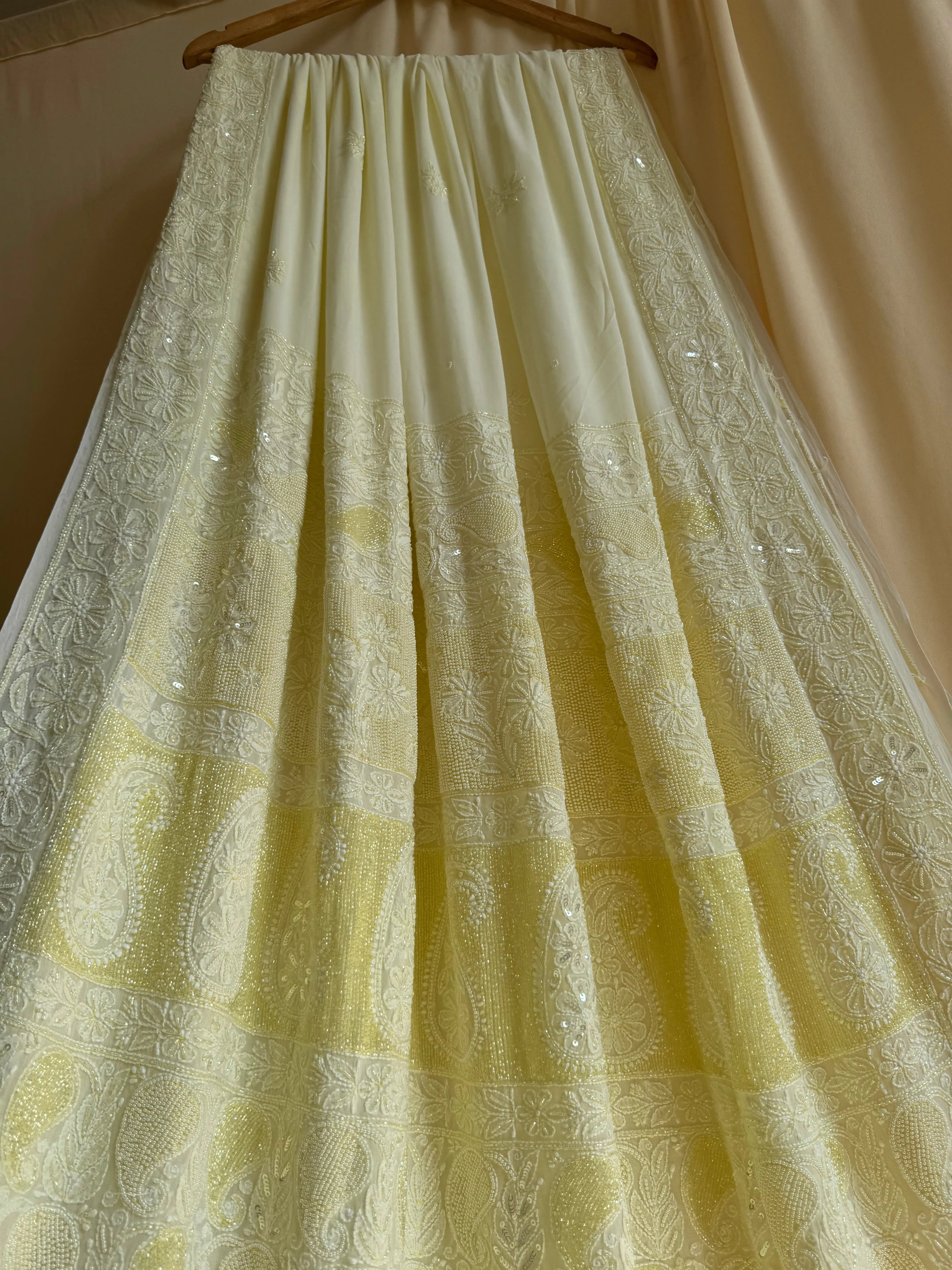 Viscose Yellow Chikankari saree with Pearl embellishments ARIAA CHIKANKARI 