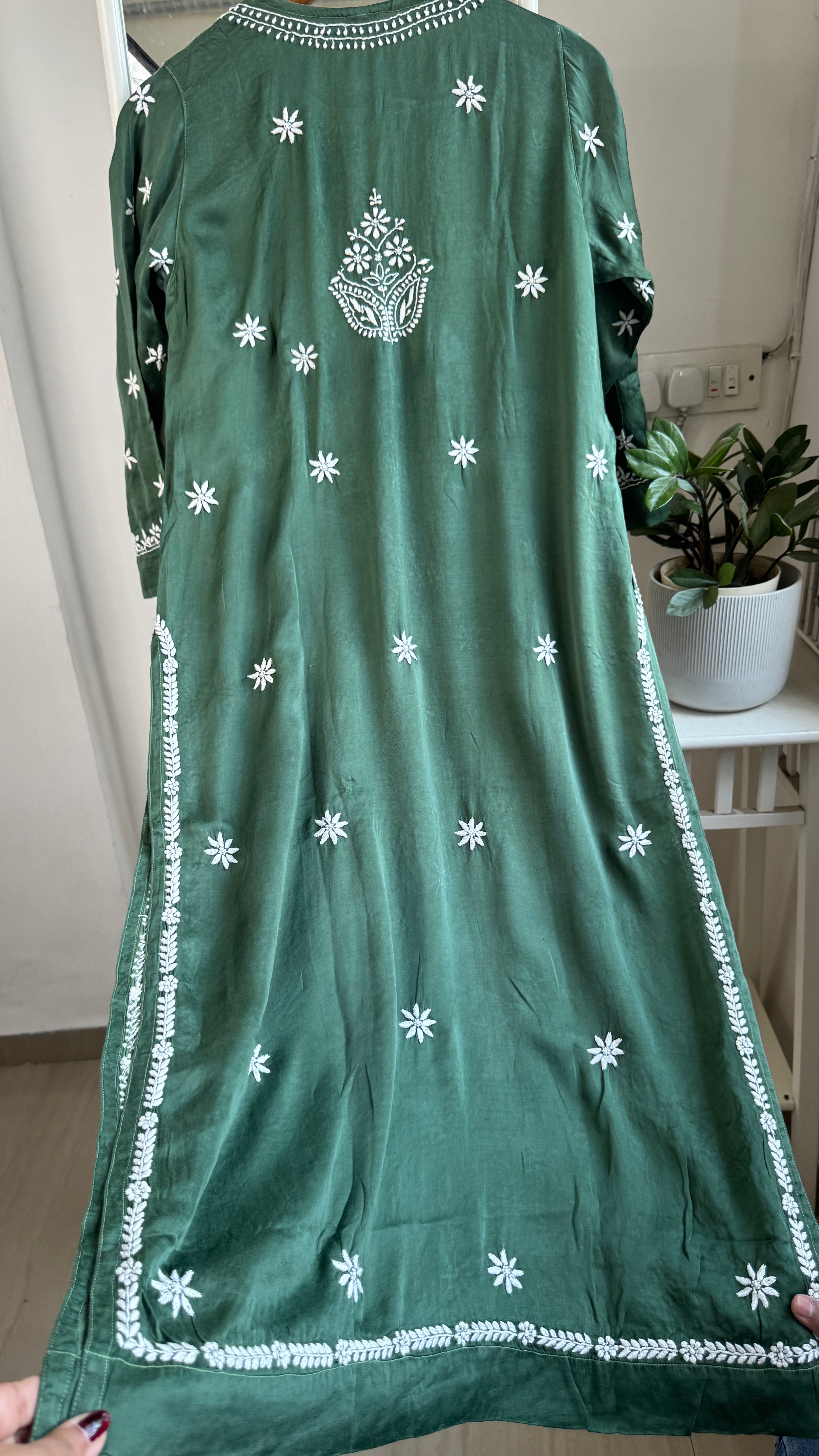 Modal Satin Silk Chikankari Pant Set - Green