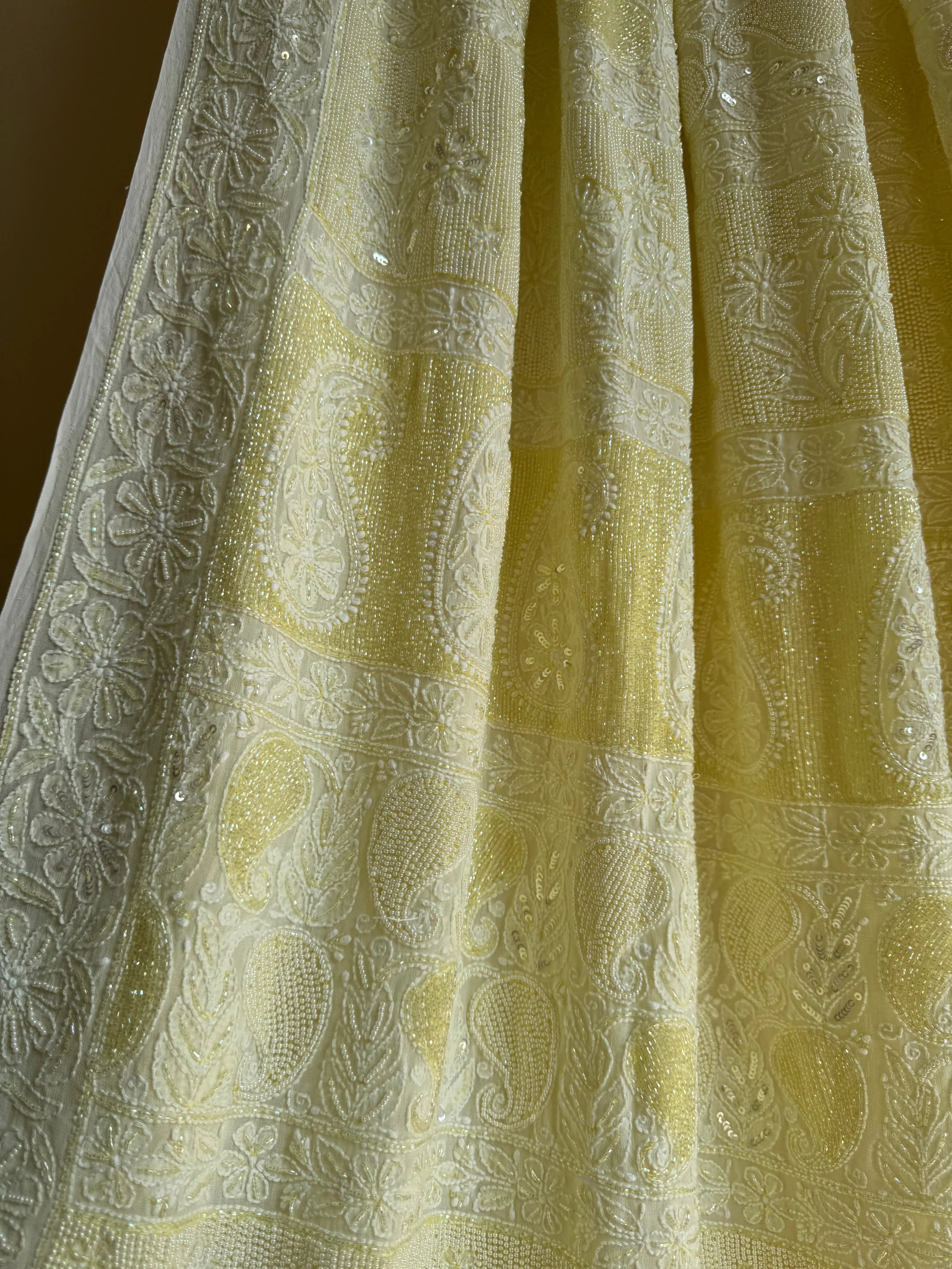 Viscose Yellow Chikankari saree with Pearl embellishments ARIAA CHIKANKARI 