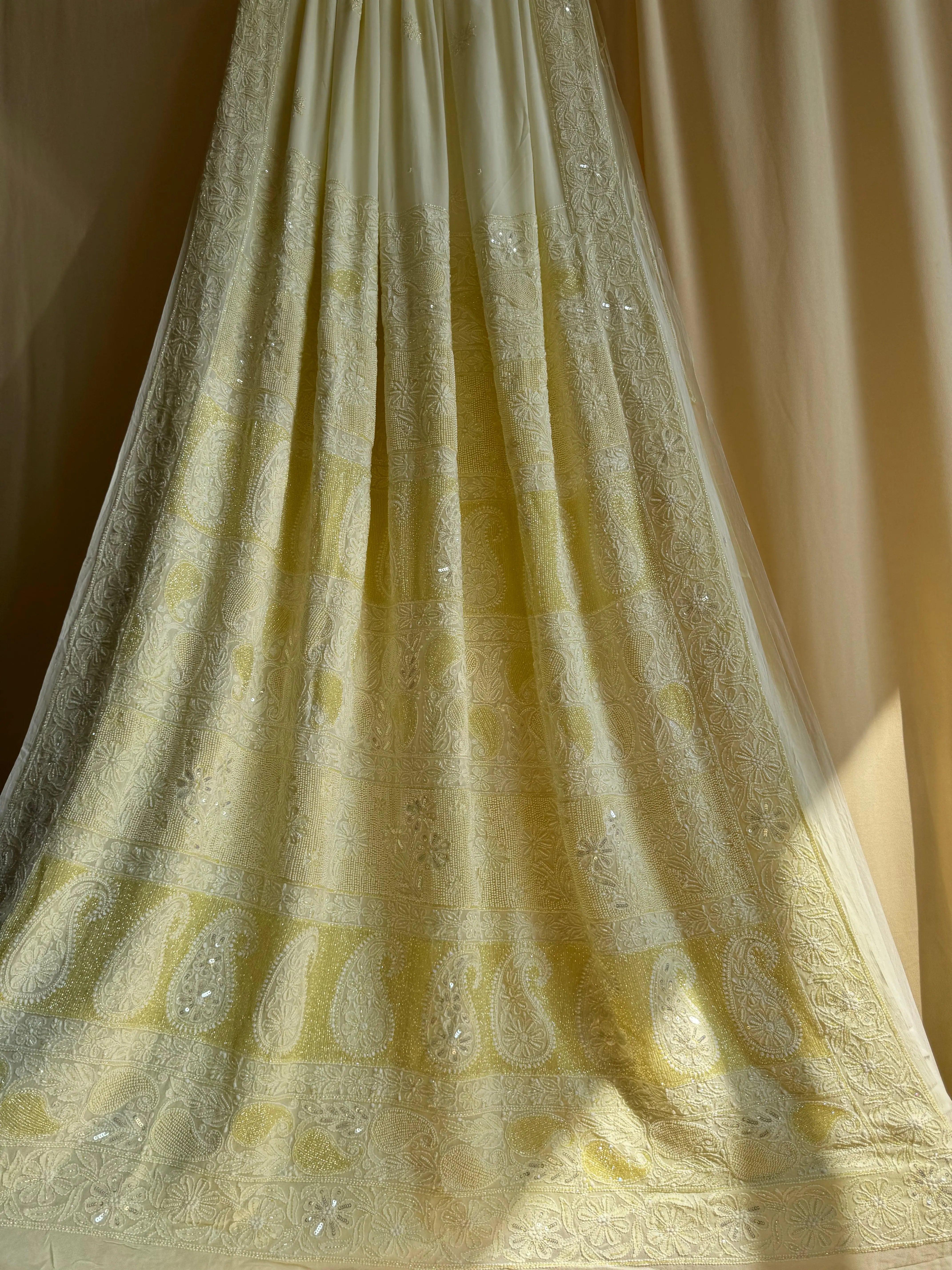 Viscose Yellow Chikankari saree with Pearl embellishments ARIAA CHIKANKARI 