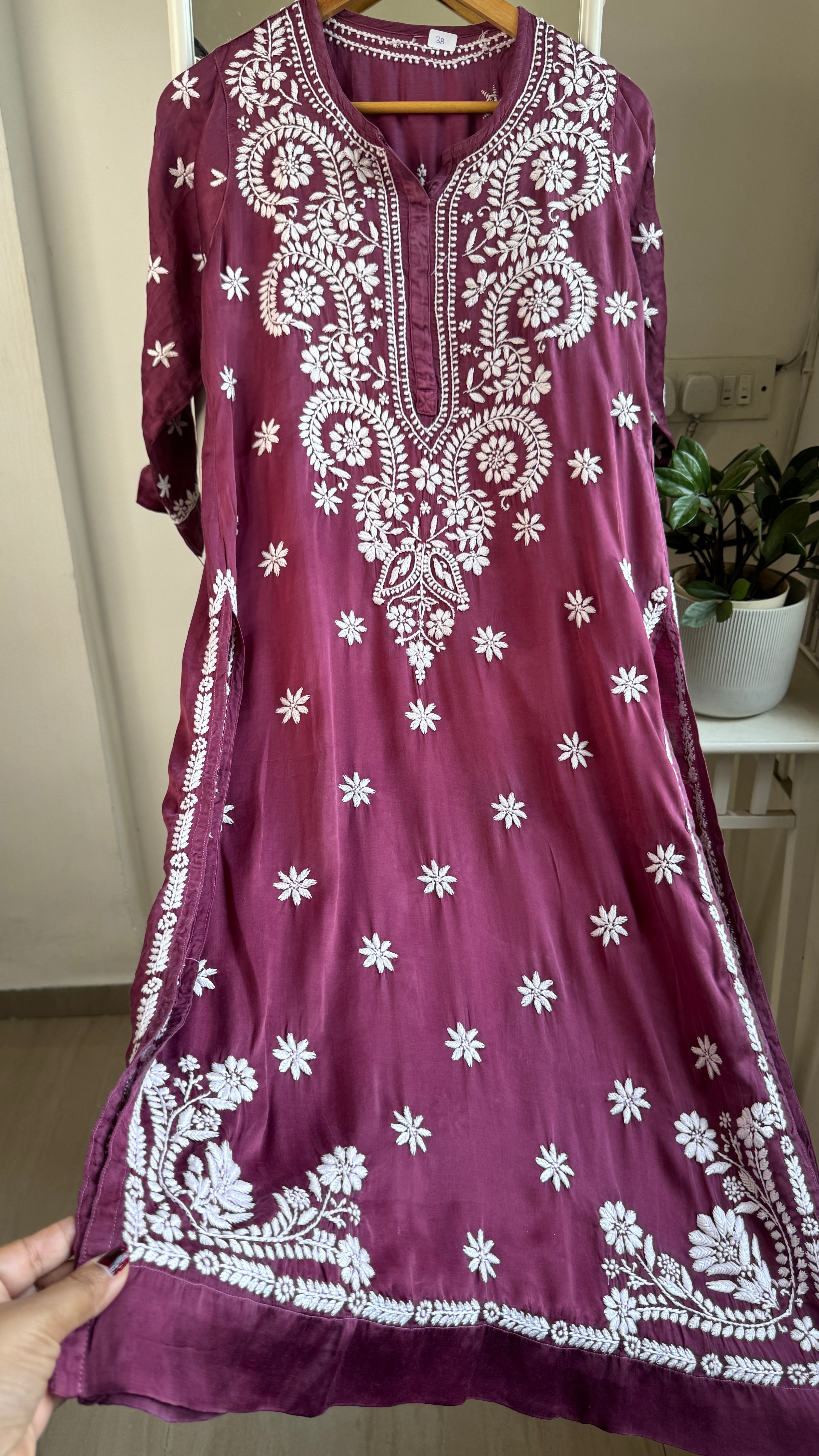 Modal Satin Silk Chikankari Pant Set - Plum