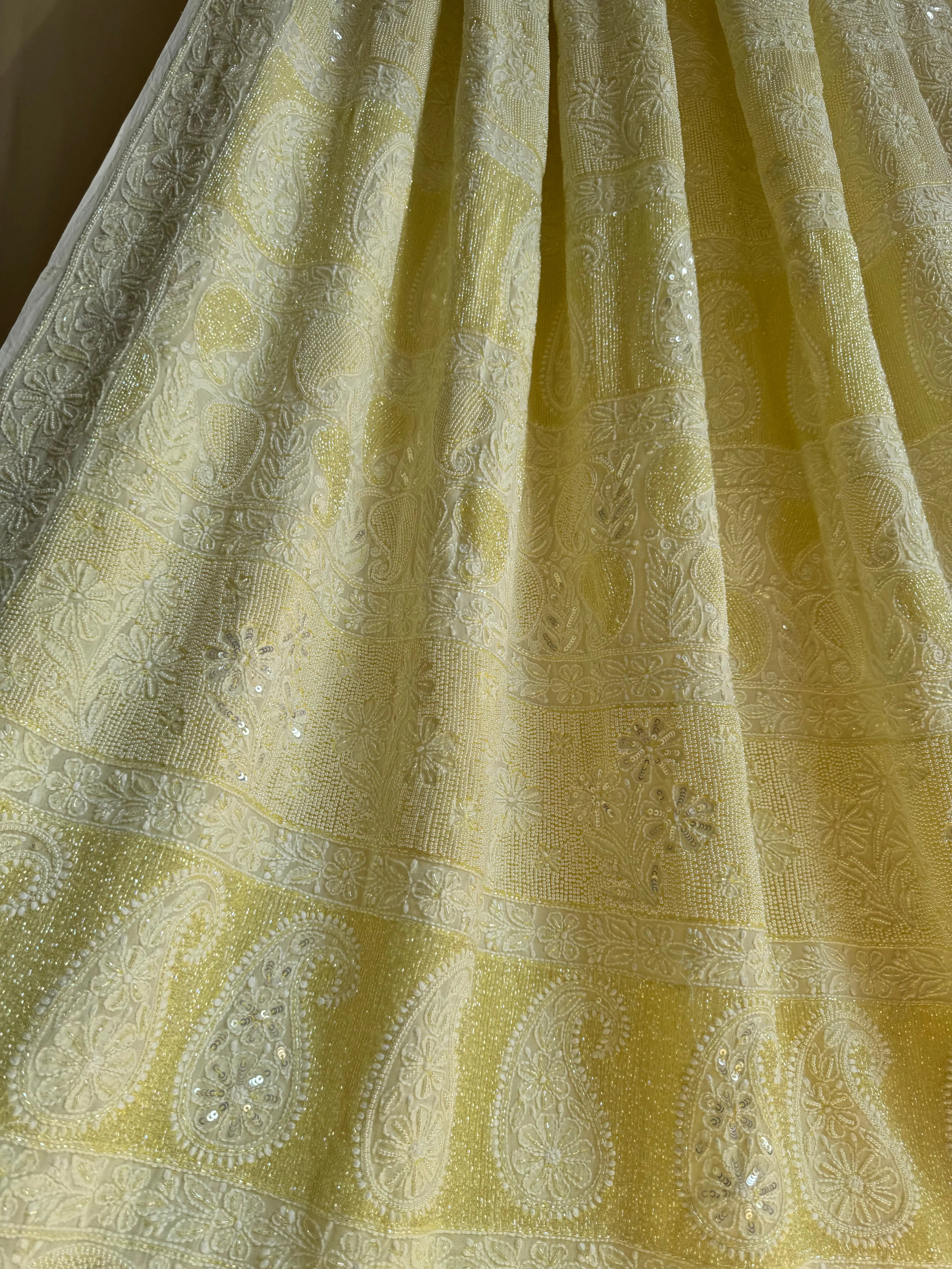 Viscose Yellow Chikankari saree with Pearl embellishments ARIAA CHIKANKARI 