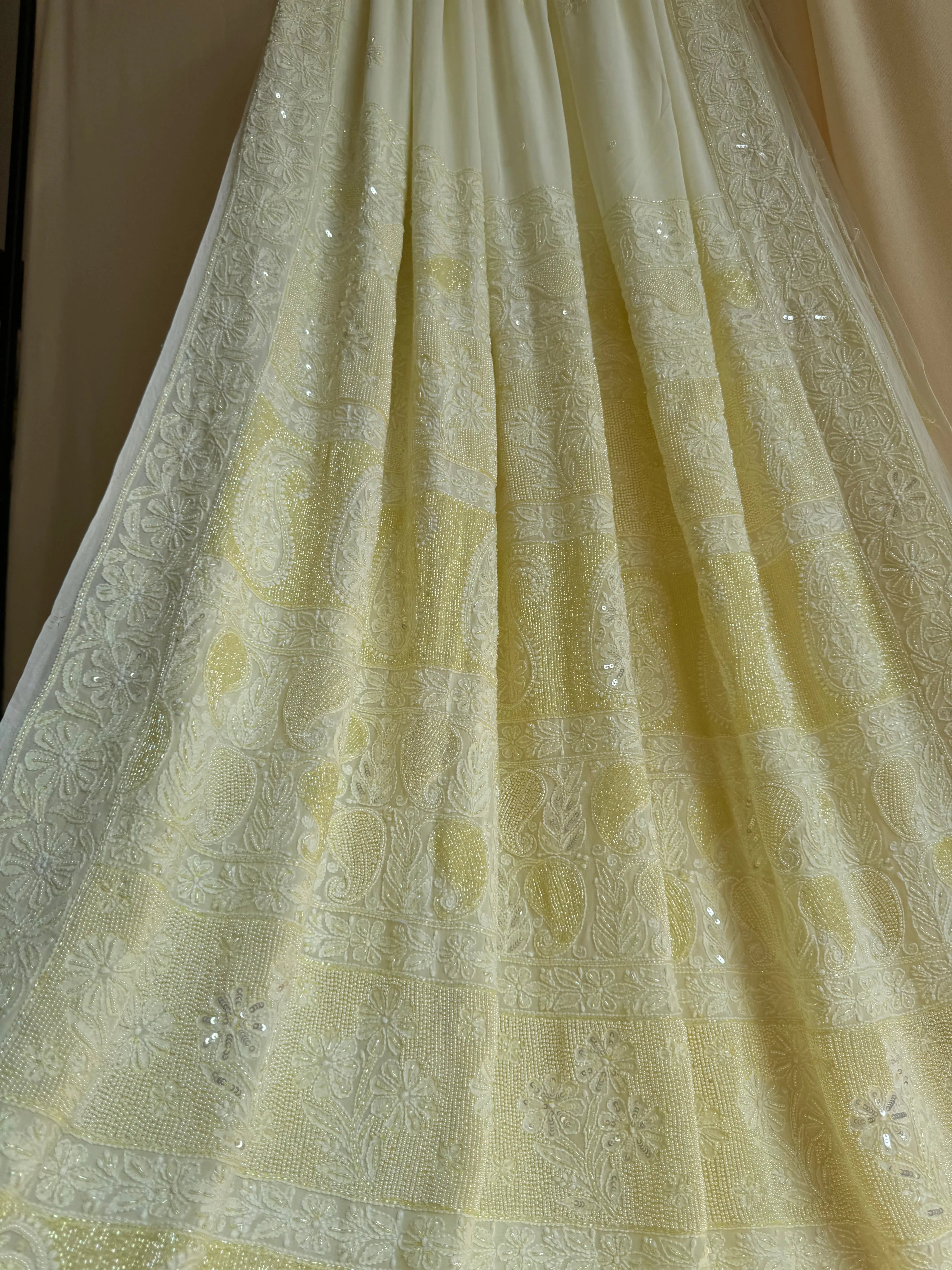 Viscose Yellow Chikankari saree with Pearl embellishments ARIAA CHIKANKARI 