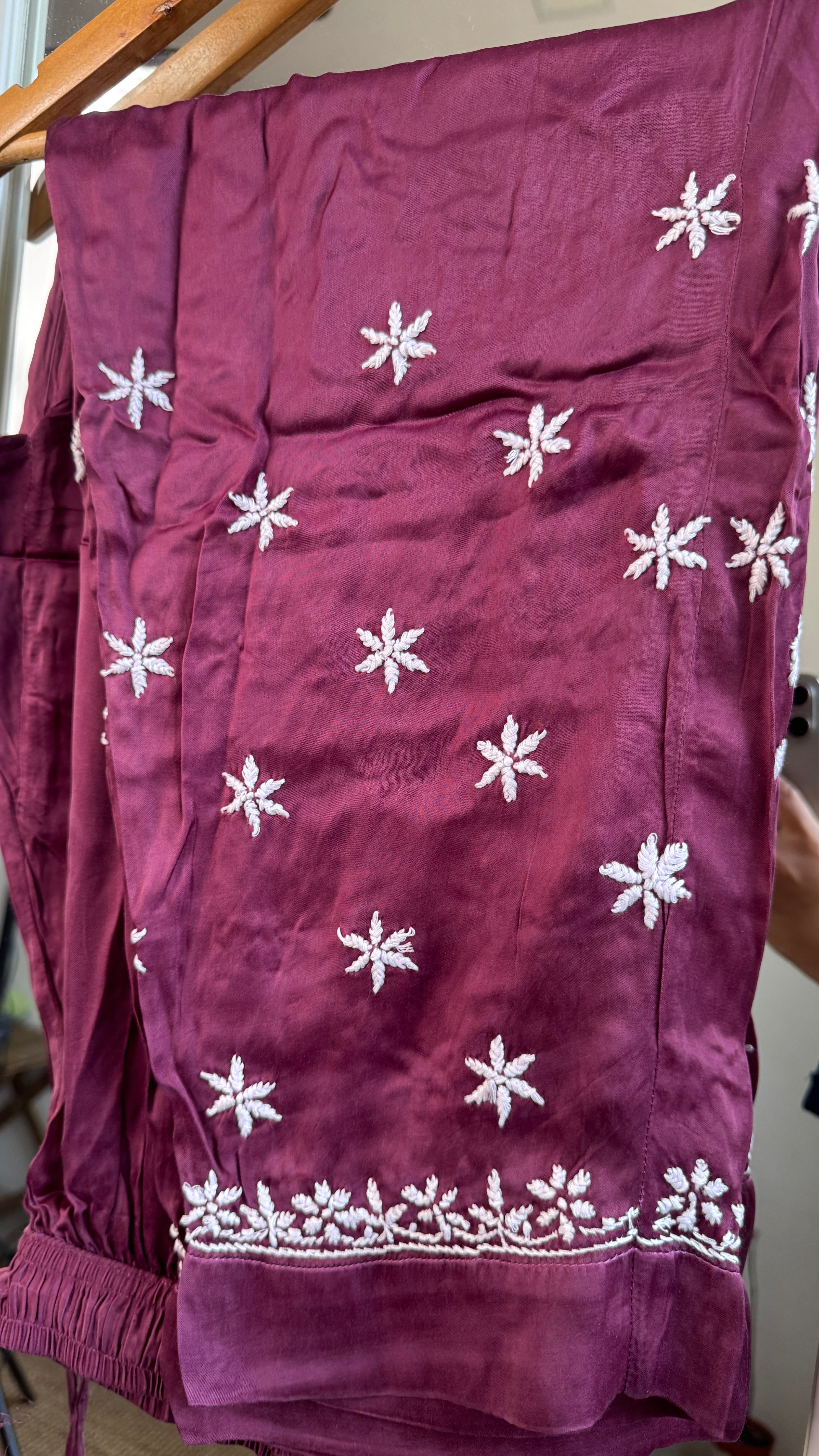 Modal Satin Silk Chikankari Pant Set - Plum
