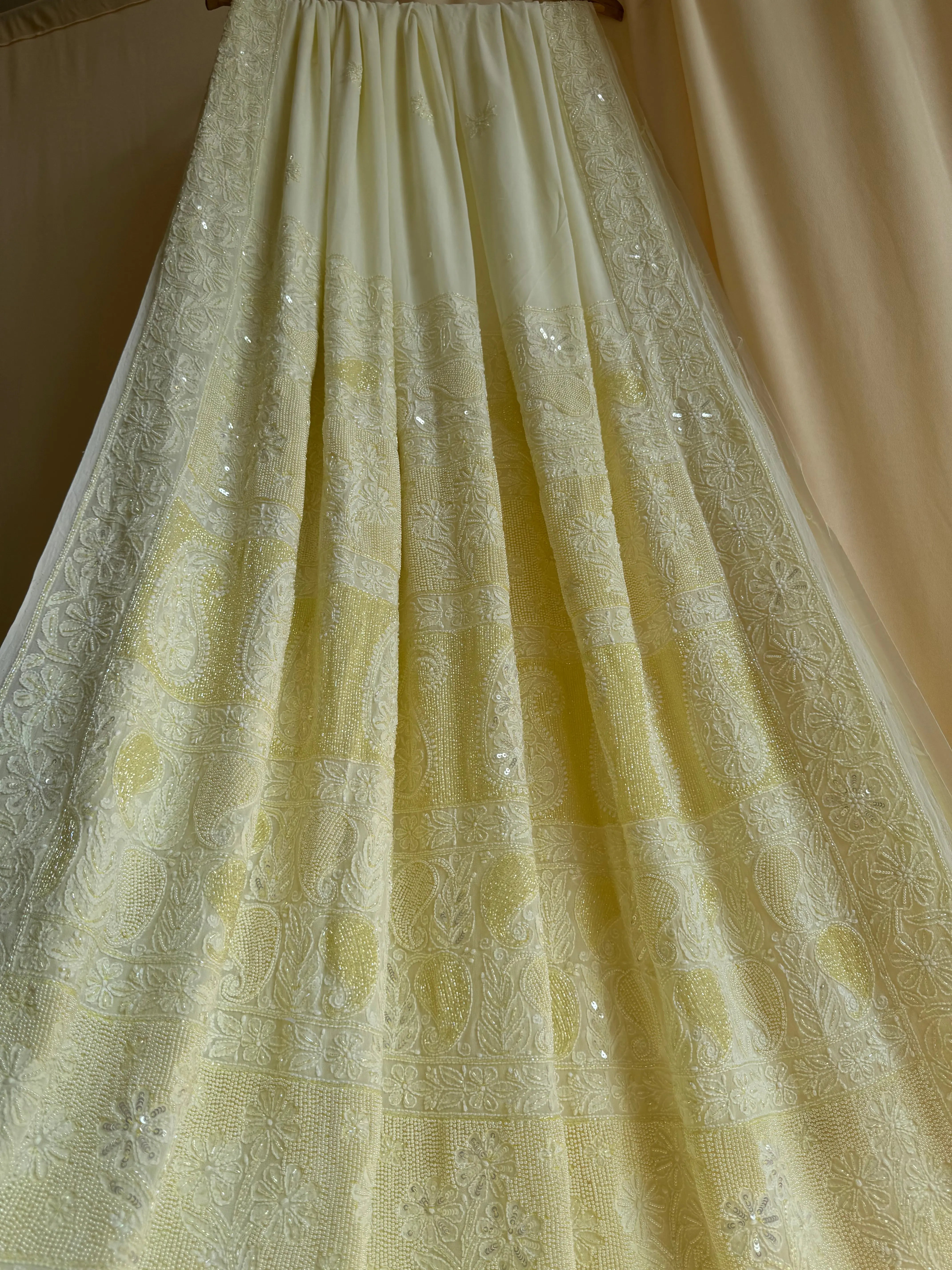 Viscose Yellow Chikankari saree with Pearl embellishments ARIAA CHIKANKARI 