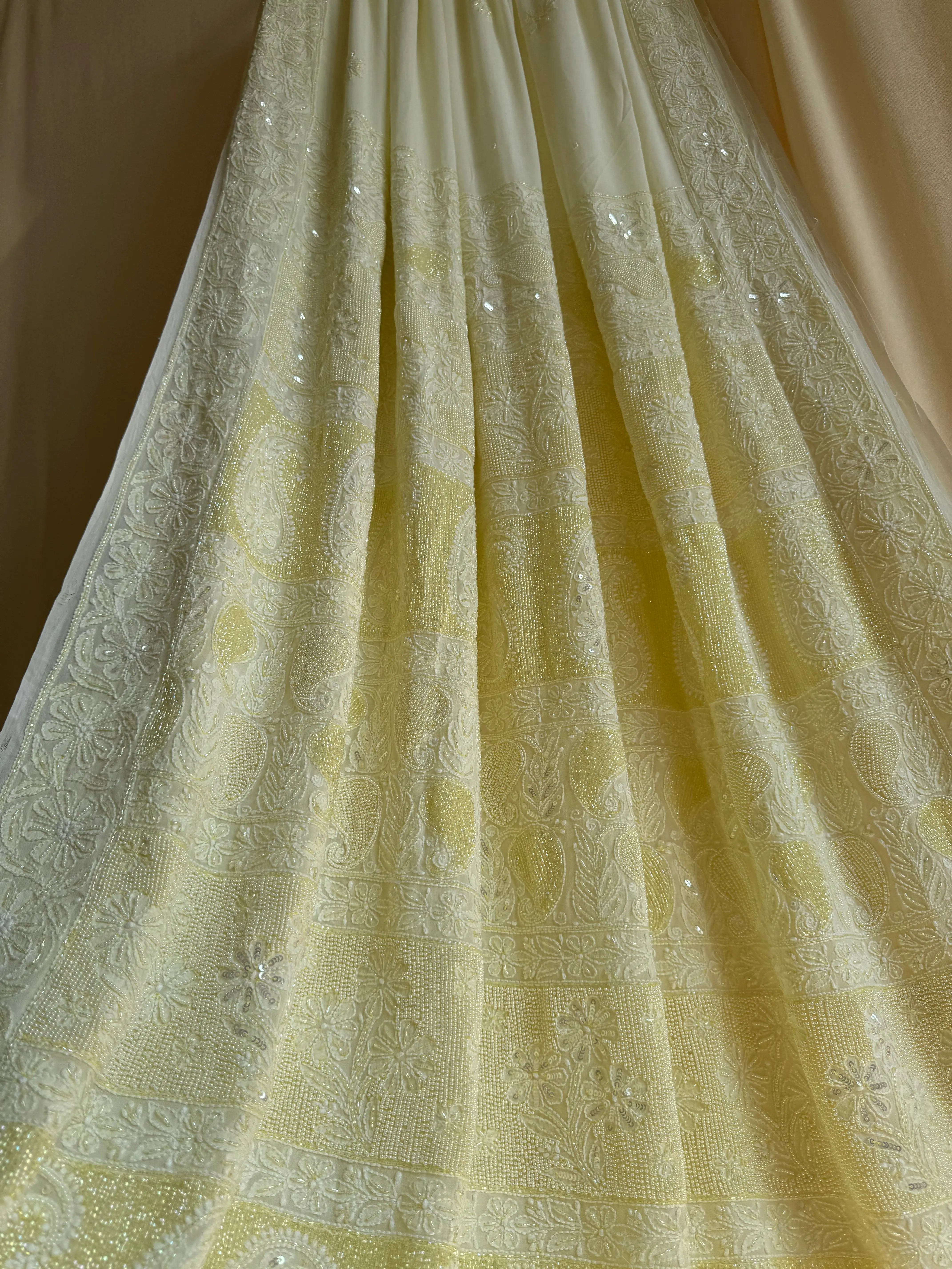 Viscose Yellow Chikankari saree with Pearl embellishments ARIAA CHIKANKARI 