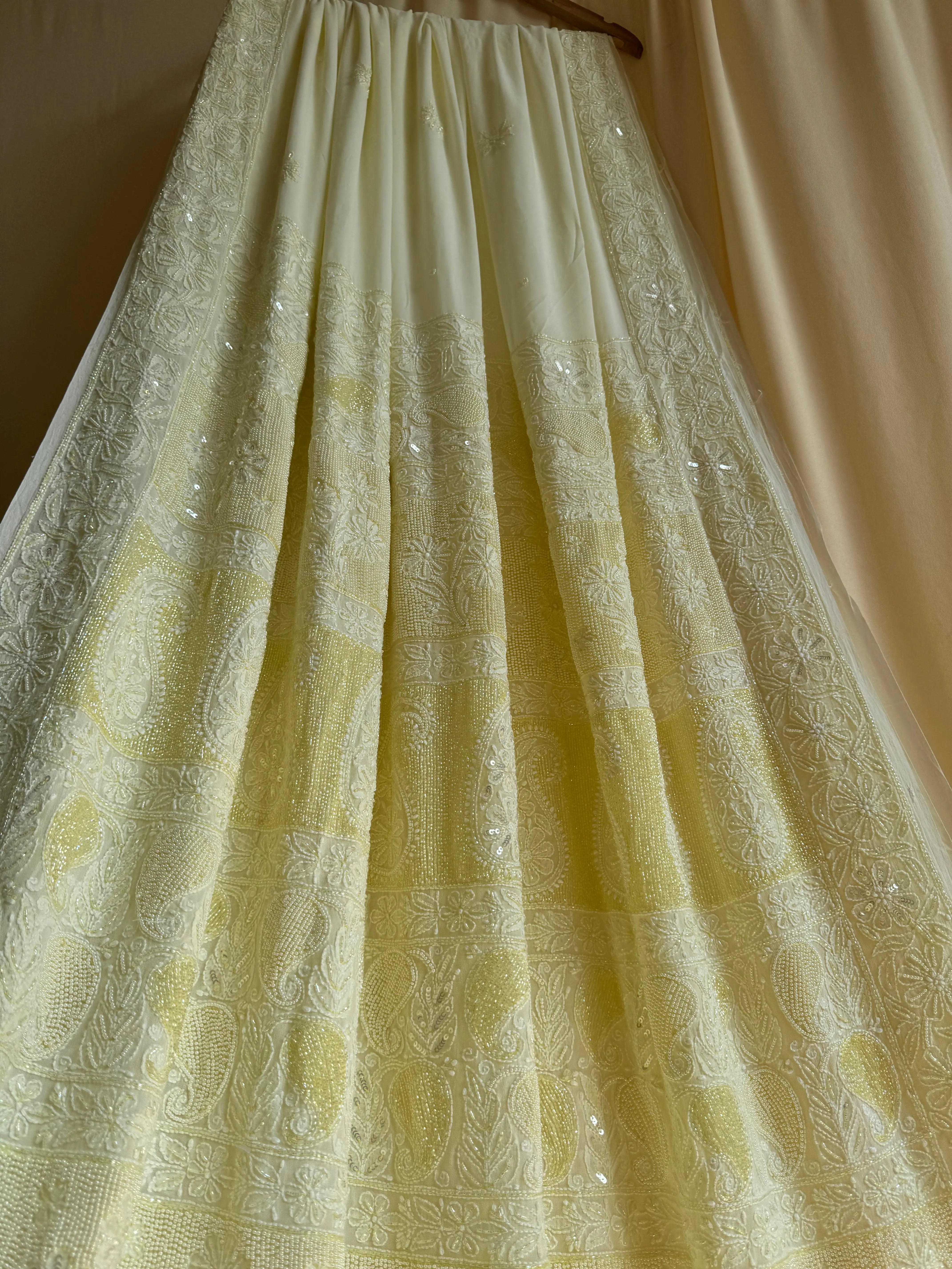 Viscose Yellow Chikankari saree with Pearl embellishments ARIAA CHIKANKARI 