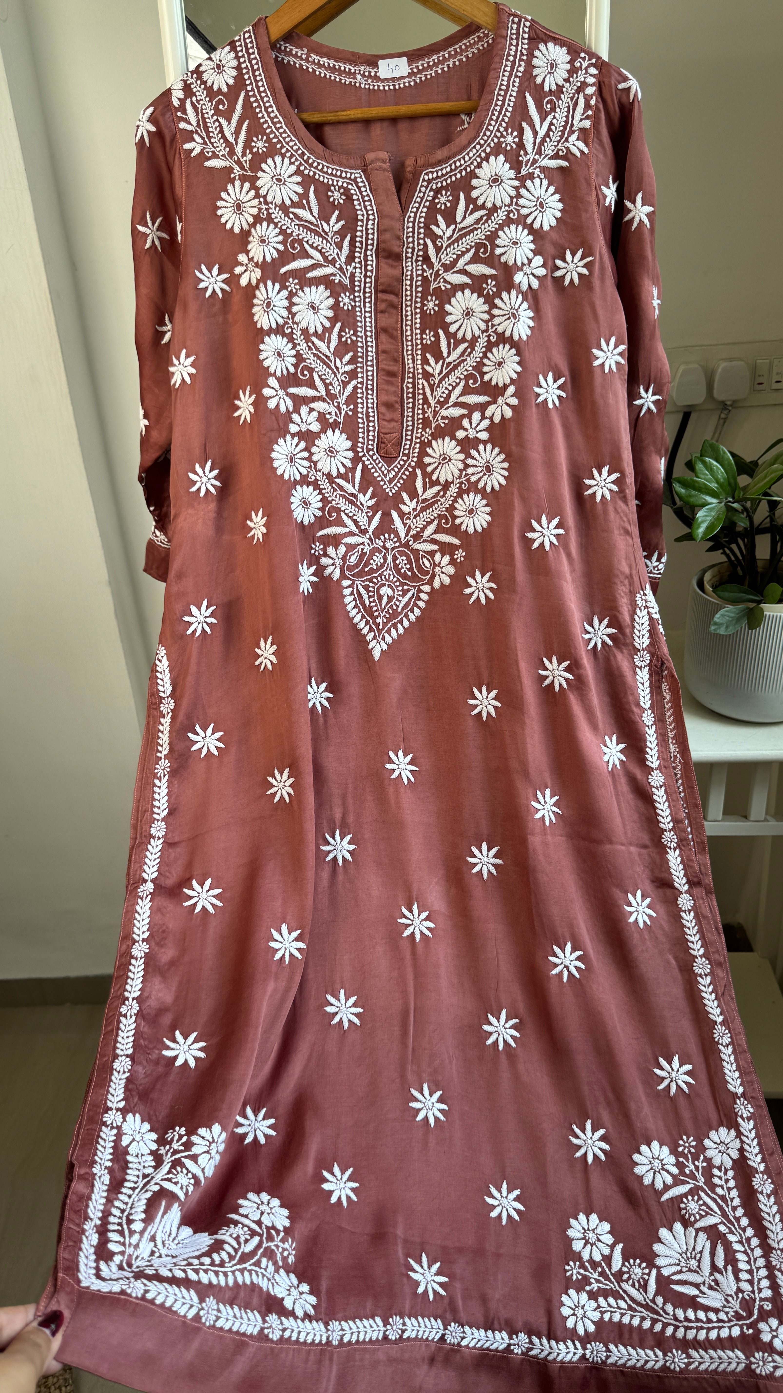 Modal Satin Silk Chikankari Pant Set - Brown