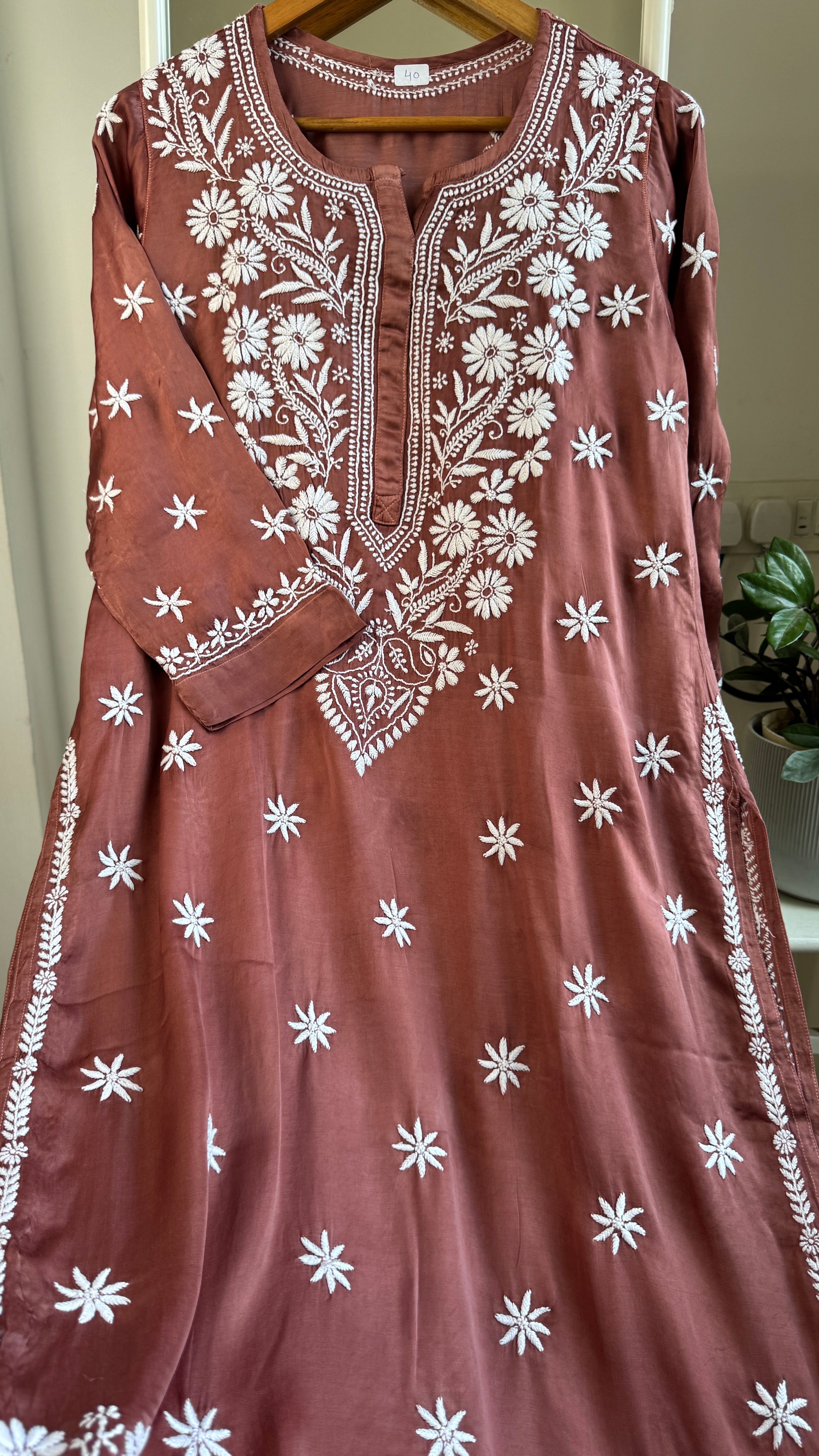 Modal Satin Silk Chikankari Pant Set - Brown