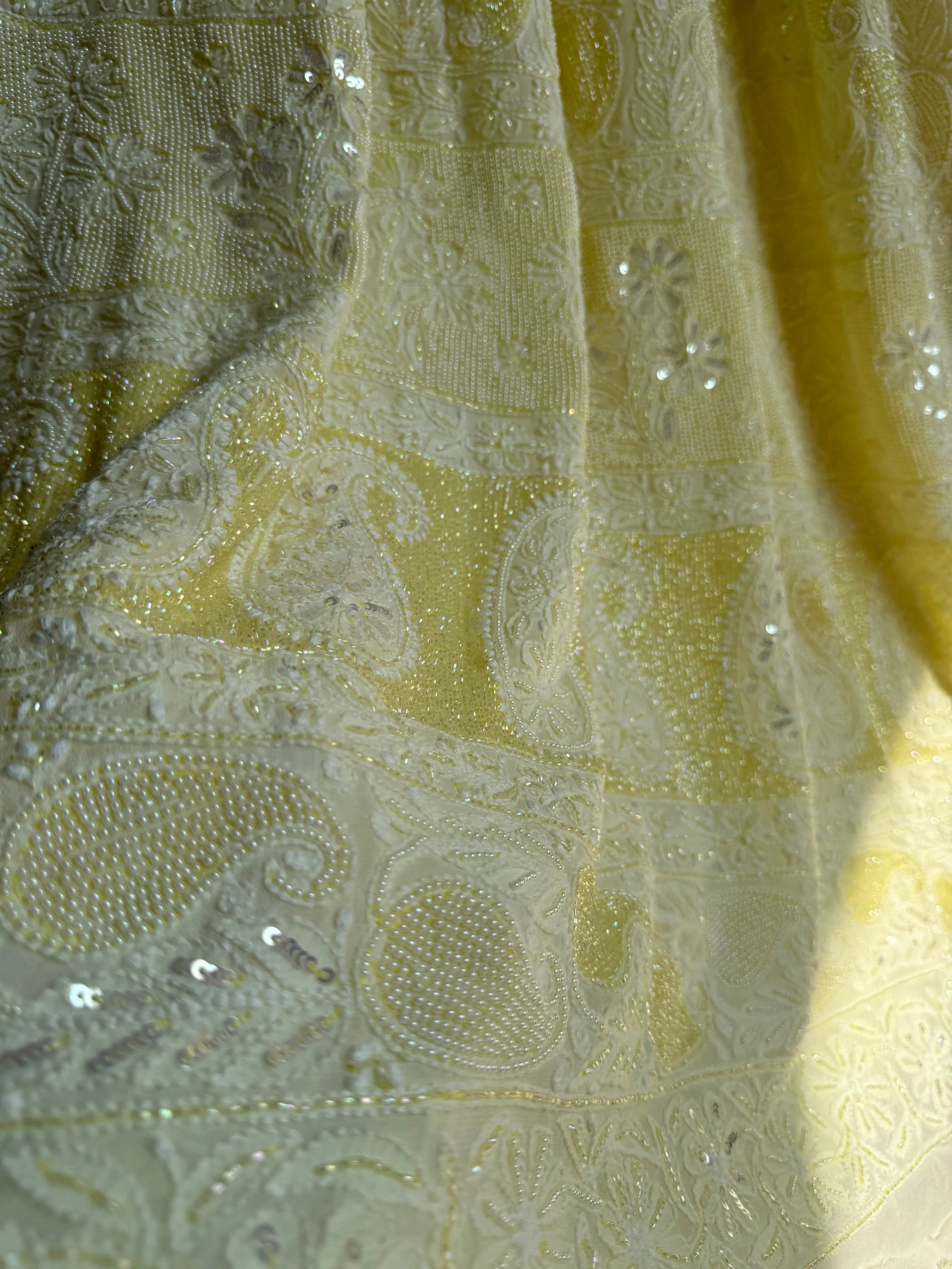 Viscose Yellow Chikankari saree with Pearl embellishments ARIAA CHIKANKARI 