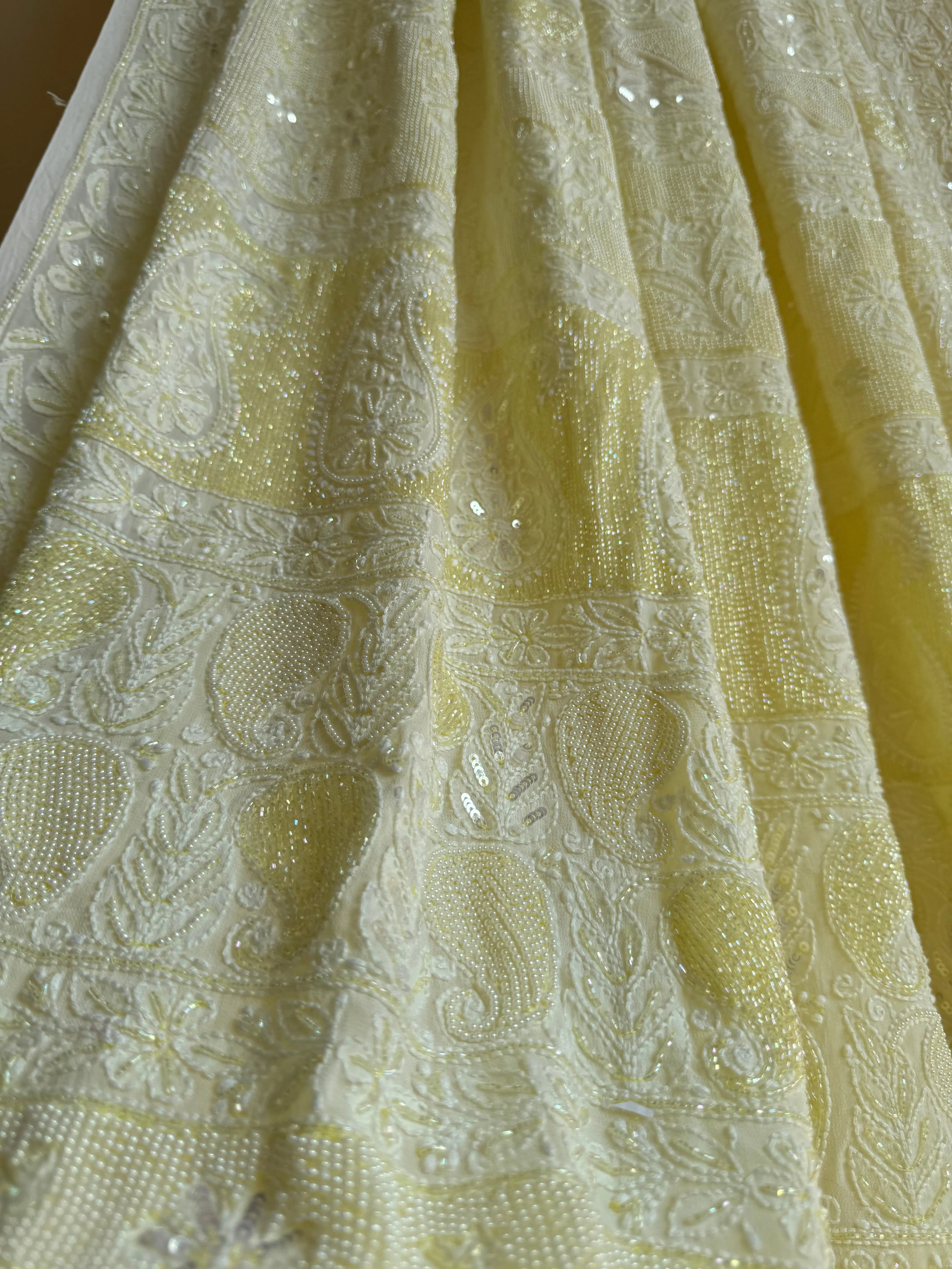 Viscose Yellow Chikankari saree with Pearl embellishments ARIAA CHIKANKARI 