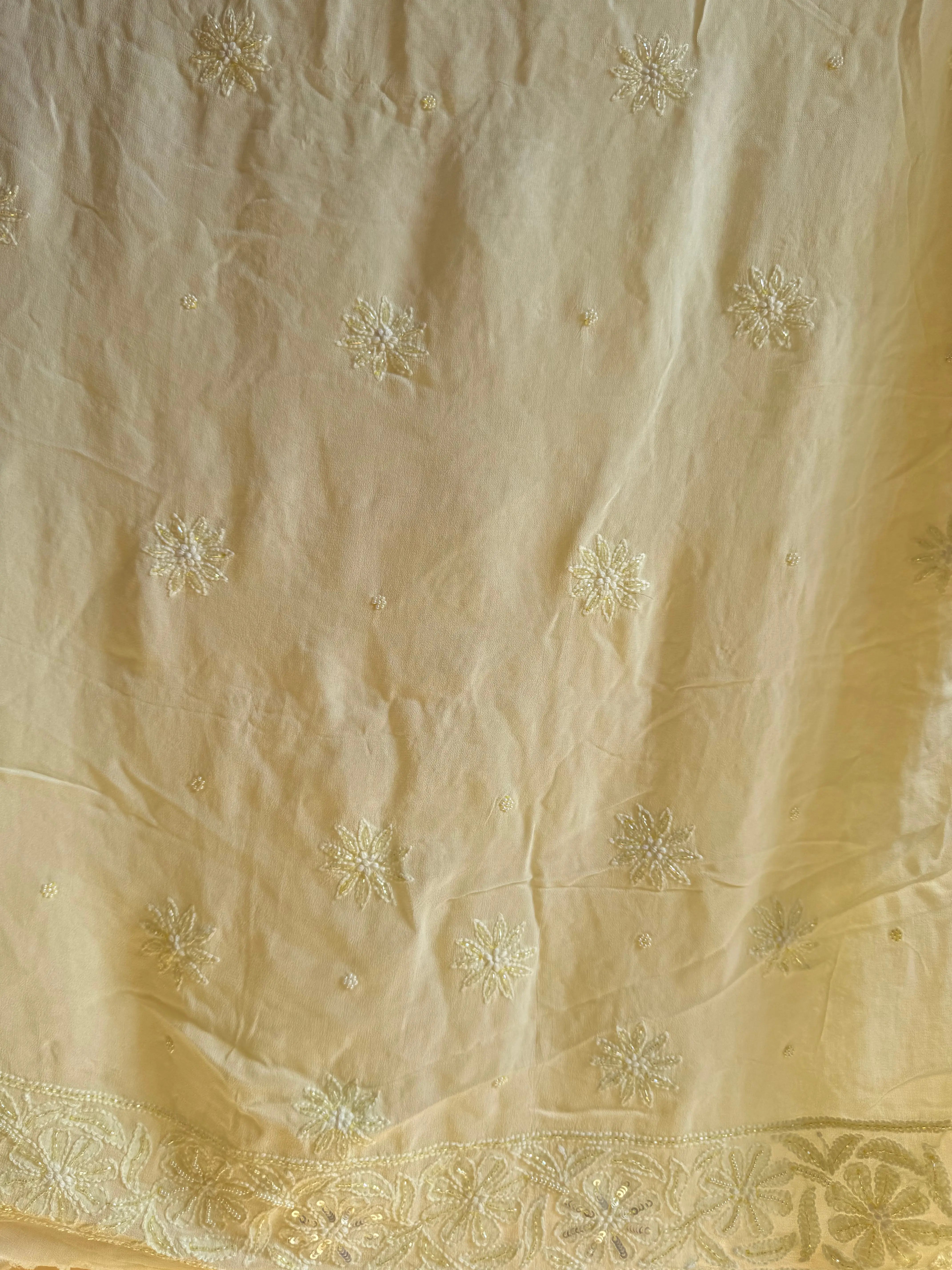 Viscose Yellow Chikankari saree with Pearl embellishments ARIAA CHIKANKARI 