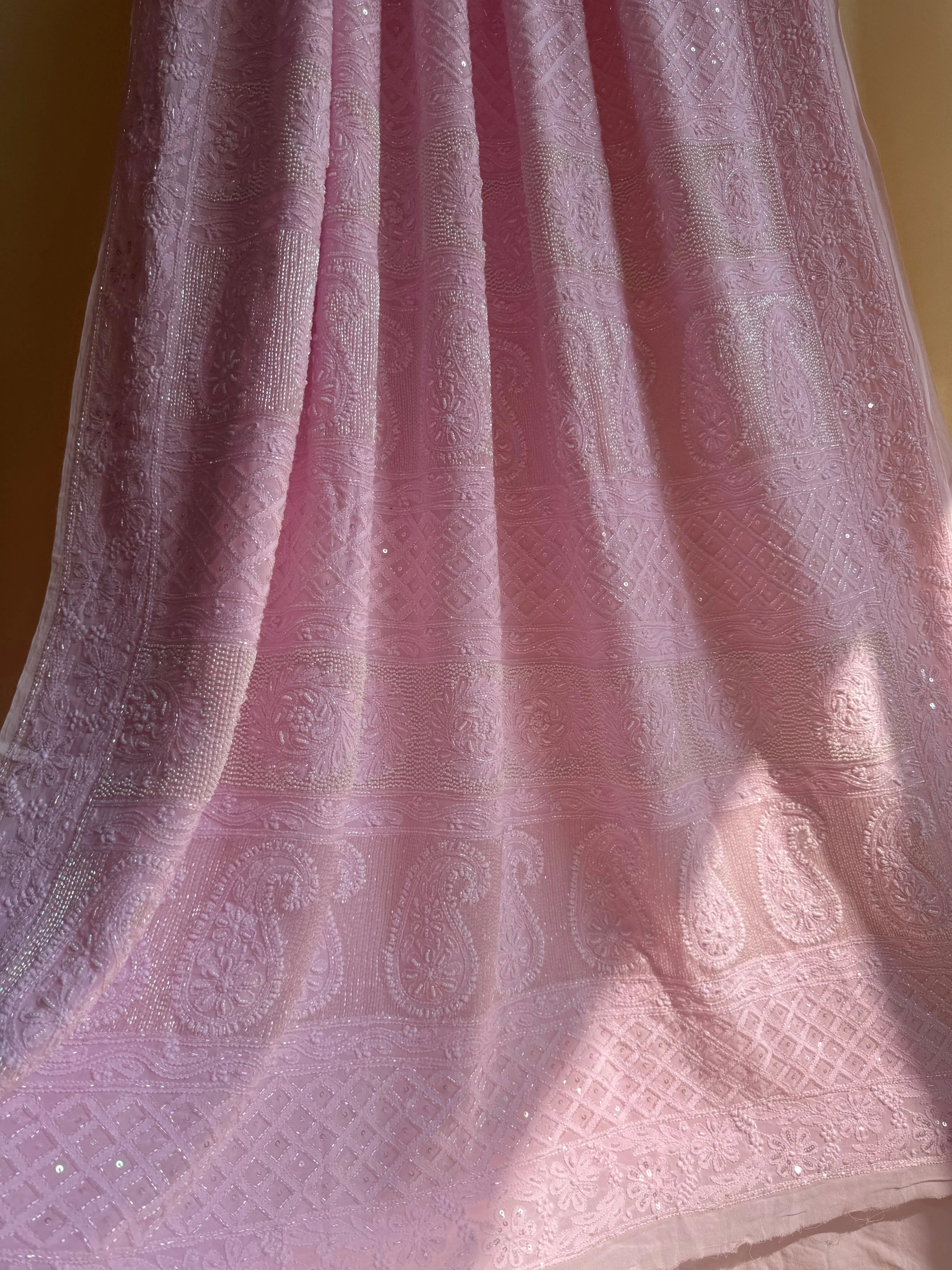 Viscose Chikankari saree with Pearl embellishments- pink ARIAA CHIKANKARI 