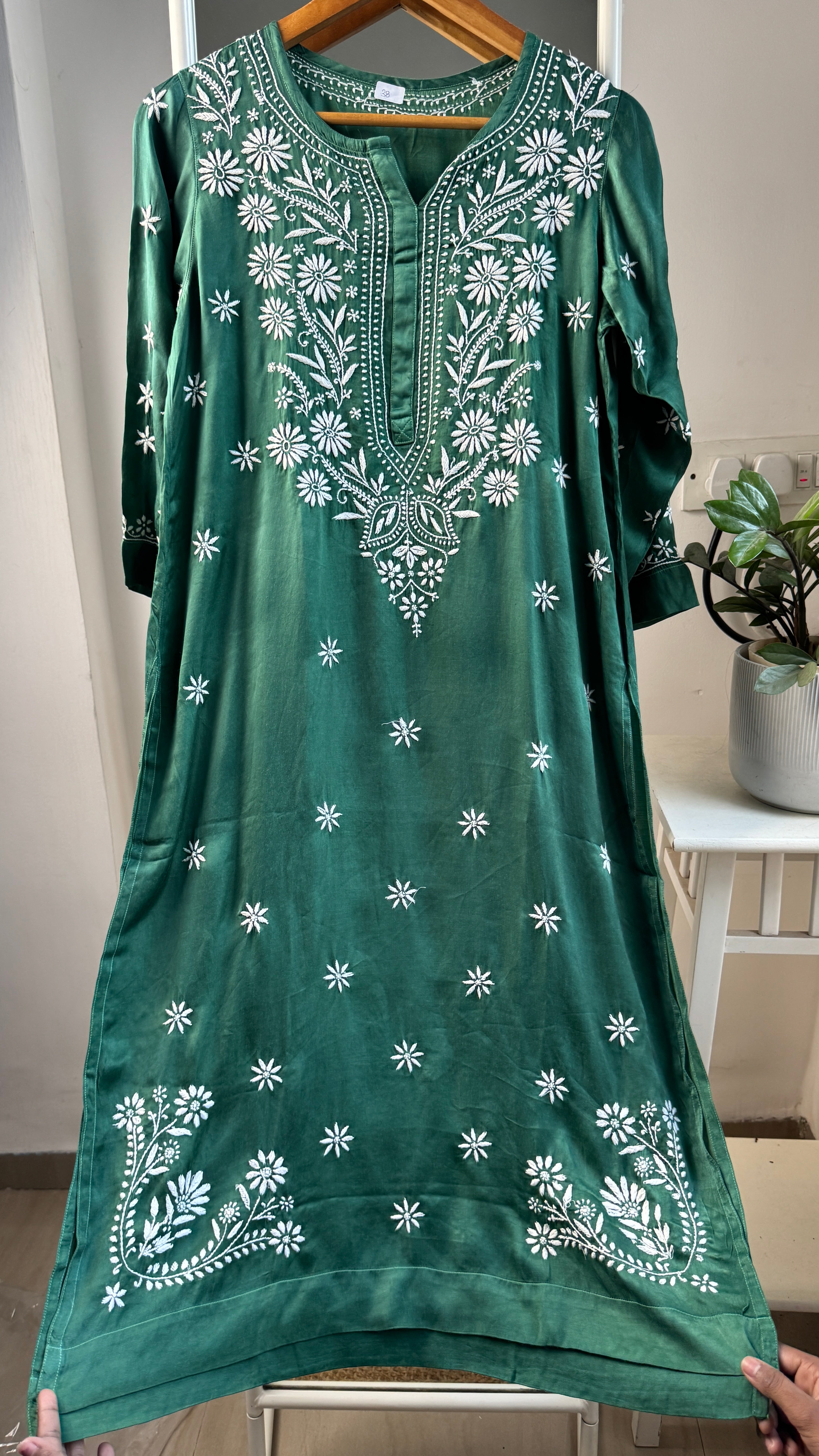 Modal Satin Silk Chikankari Pant Set - Green