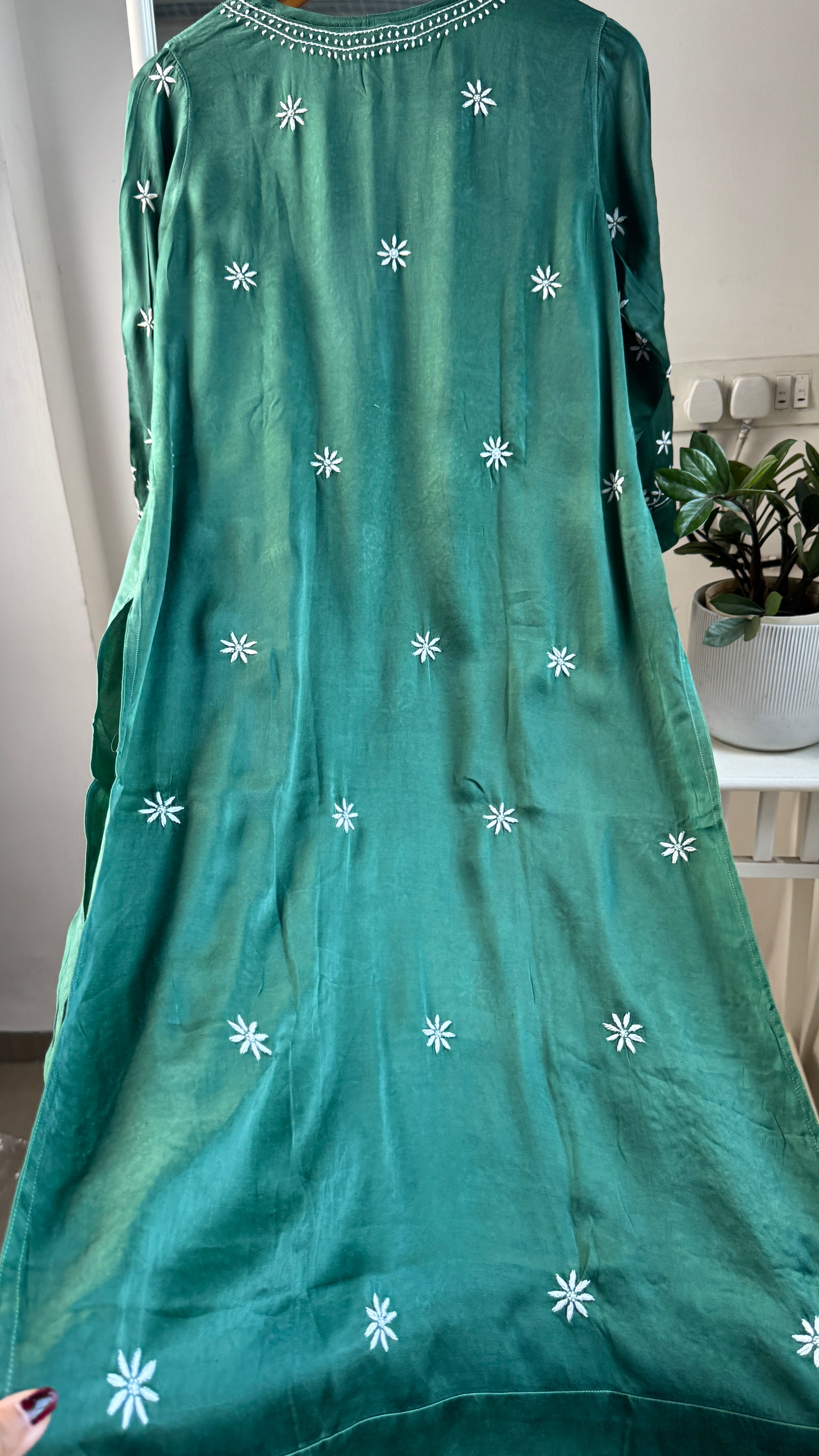 Modal Satin Silk Chikankari Pant Set - Green