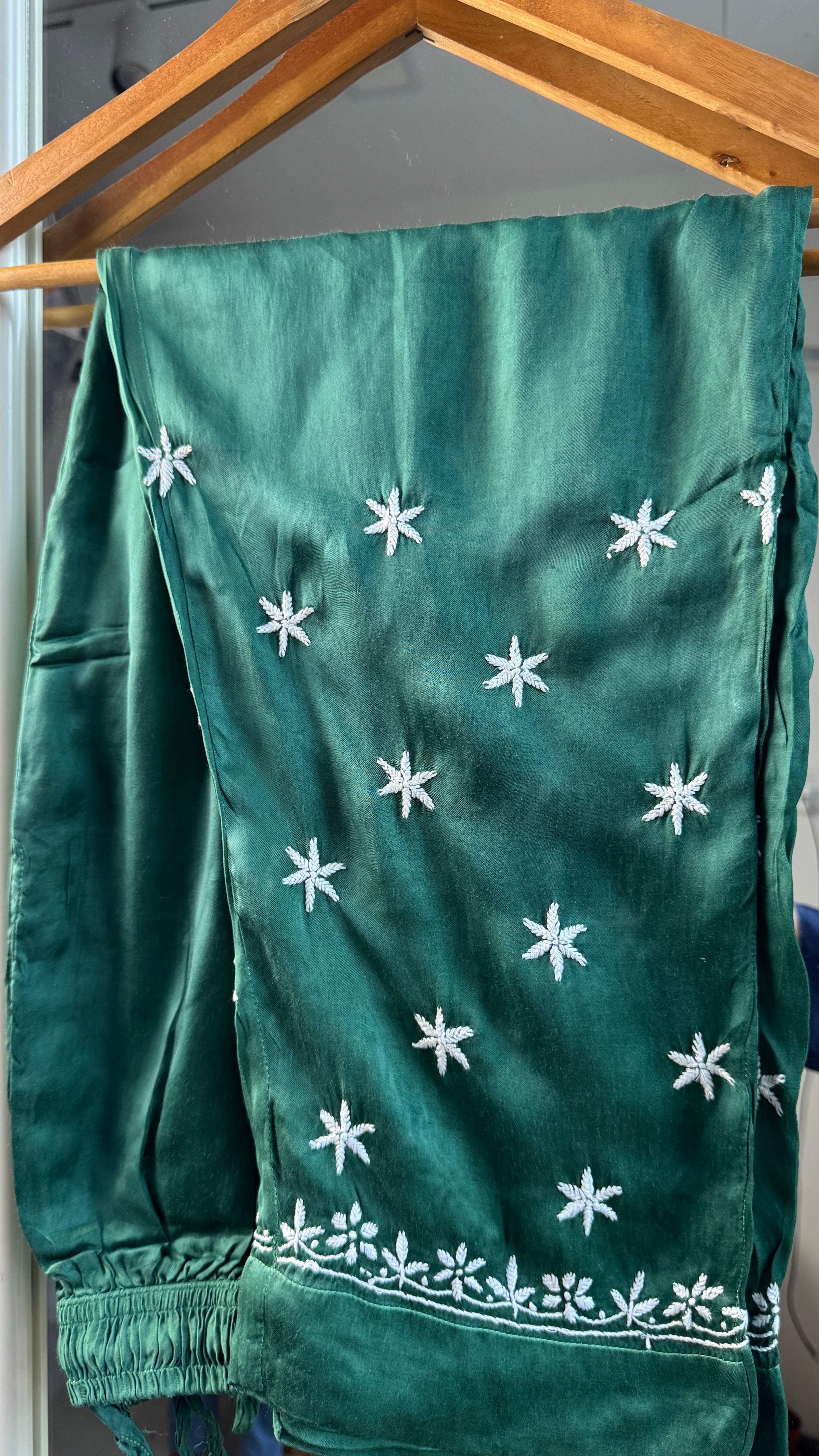 Modal Satin Silk Chikankari Pant Set - Green