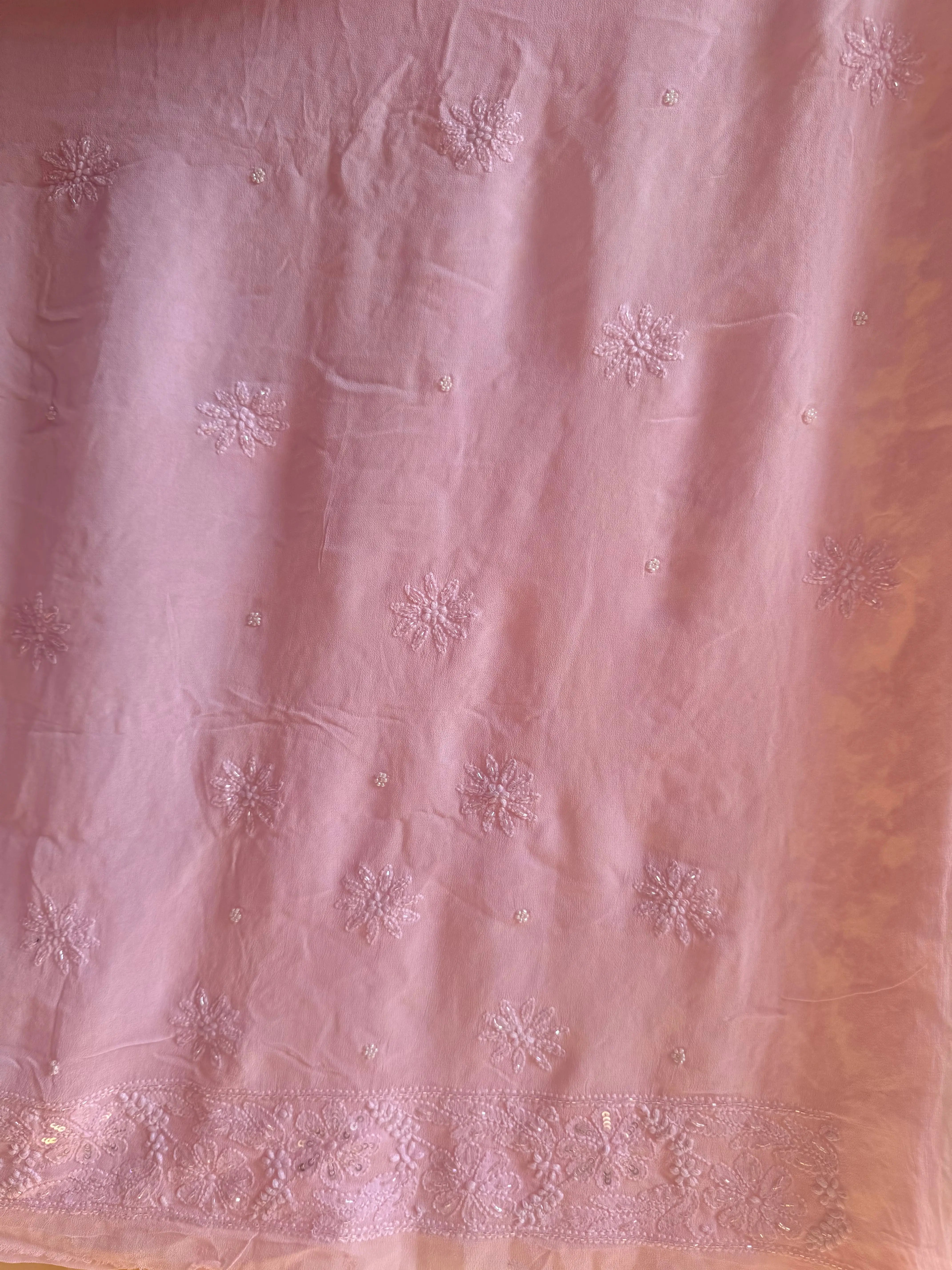 Viscose Chikankari saree with Pearl embellishments- pink ARIAA CHIKANKARI 