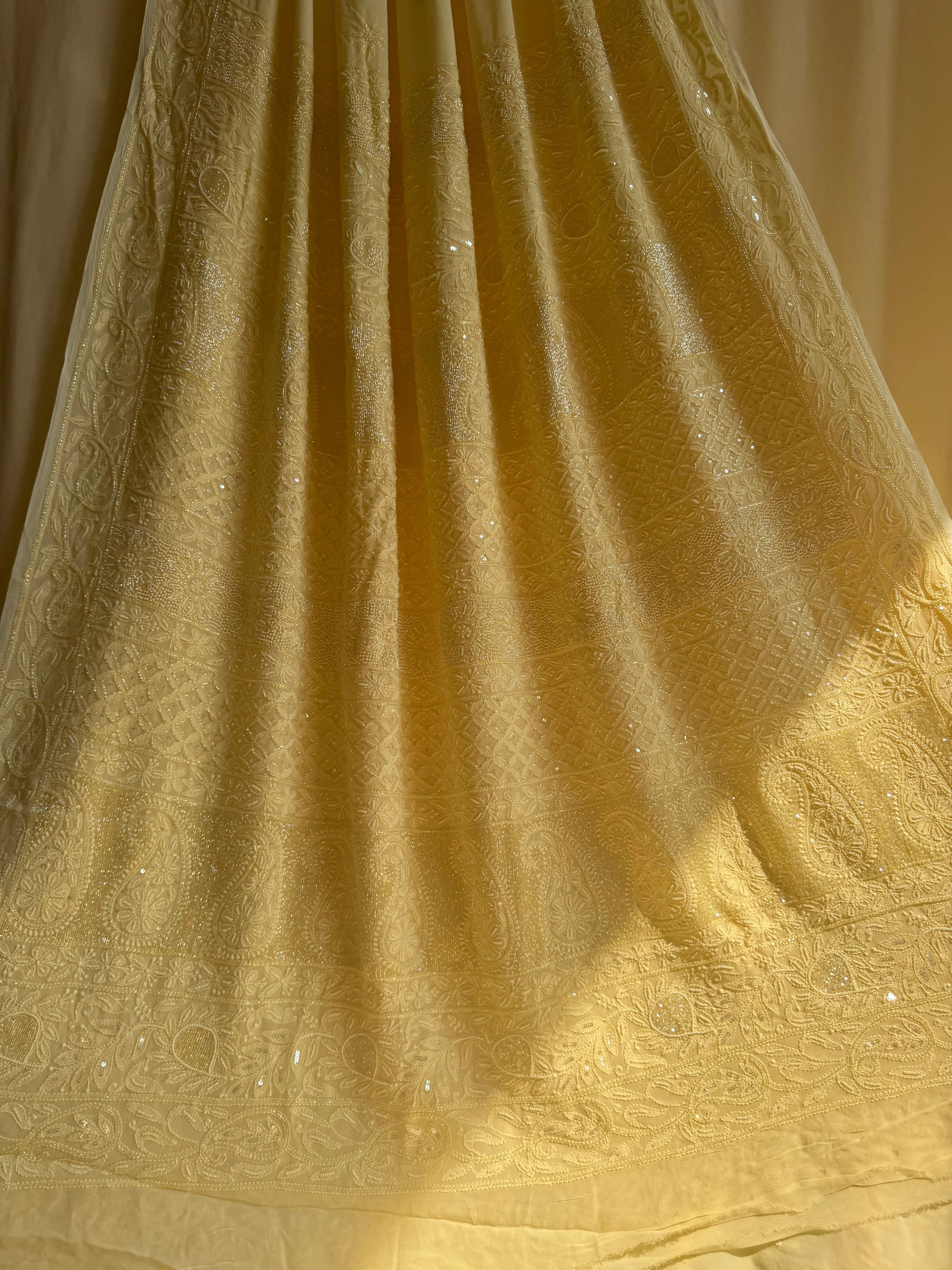 Cream Yellow Chikankari saree with Pearl embellishments ARIAA CHIKANKARI 