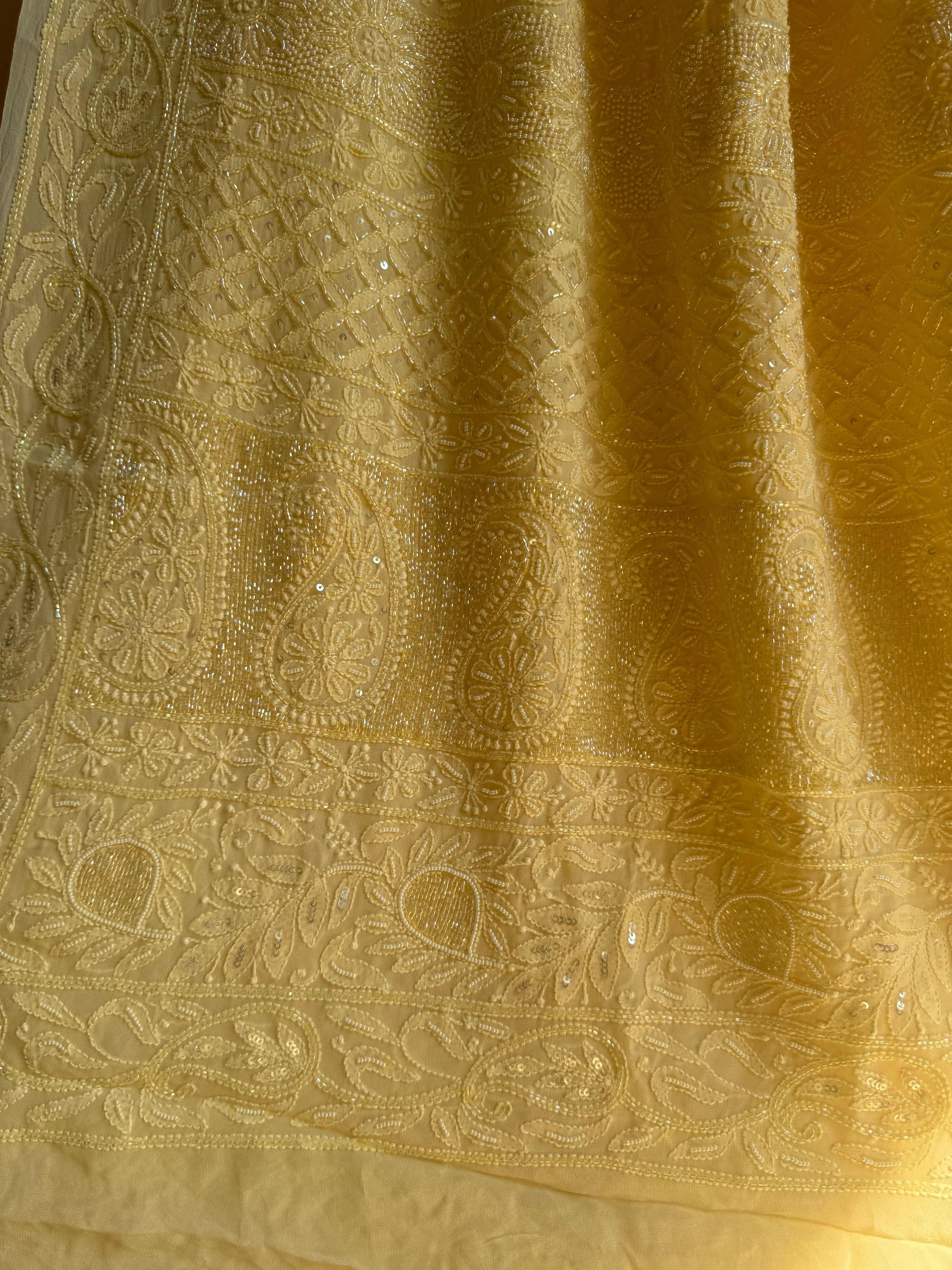 Cream Yellow Chikankari saree with Pearl embellishments ARIAA CHIKANKARI 