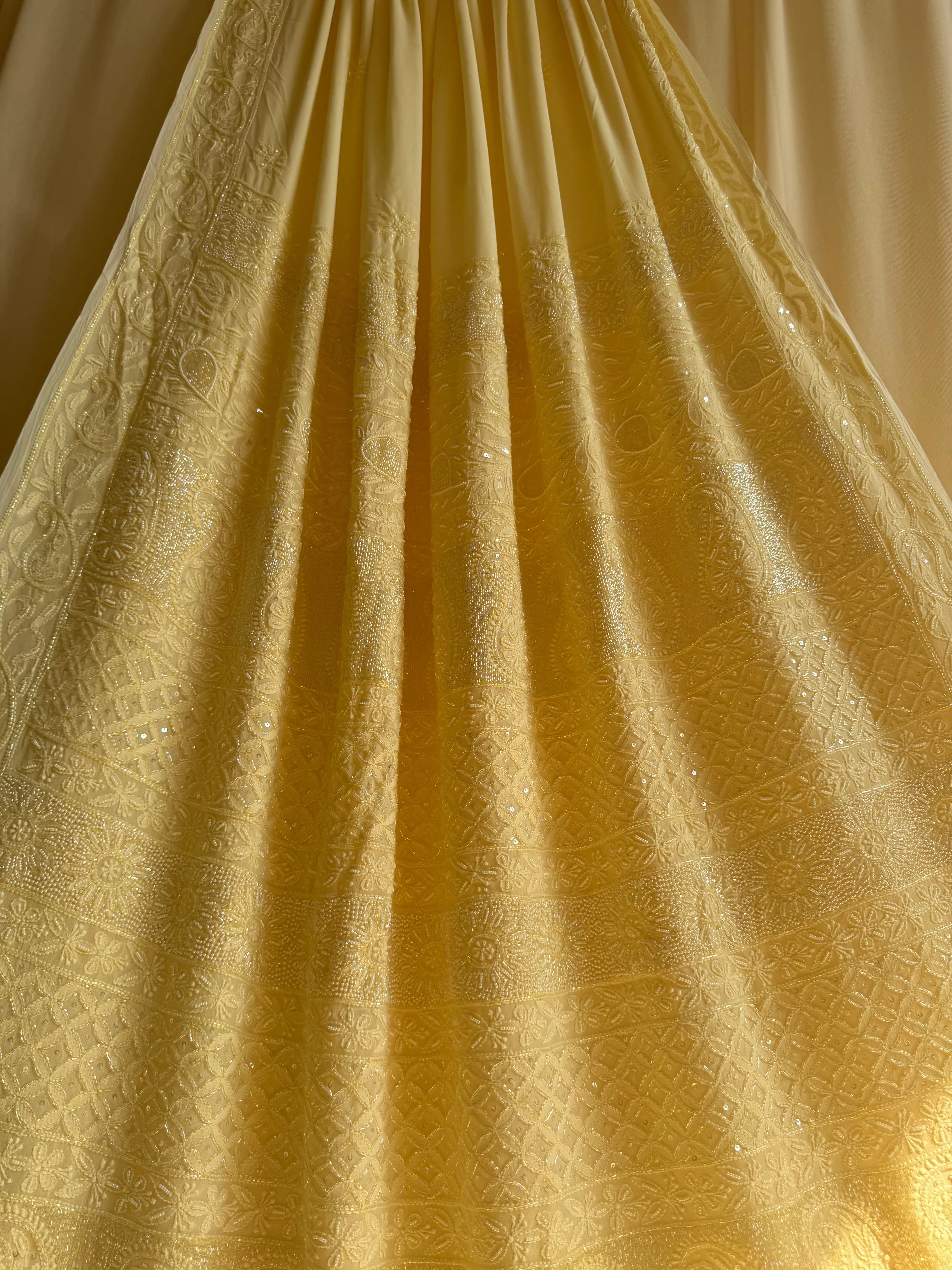 Cream Yellow Chikankari saree with Pearl embellishments ARIAA CHIKANKARI 