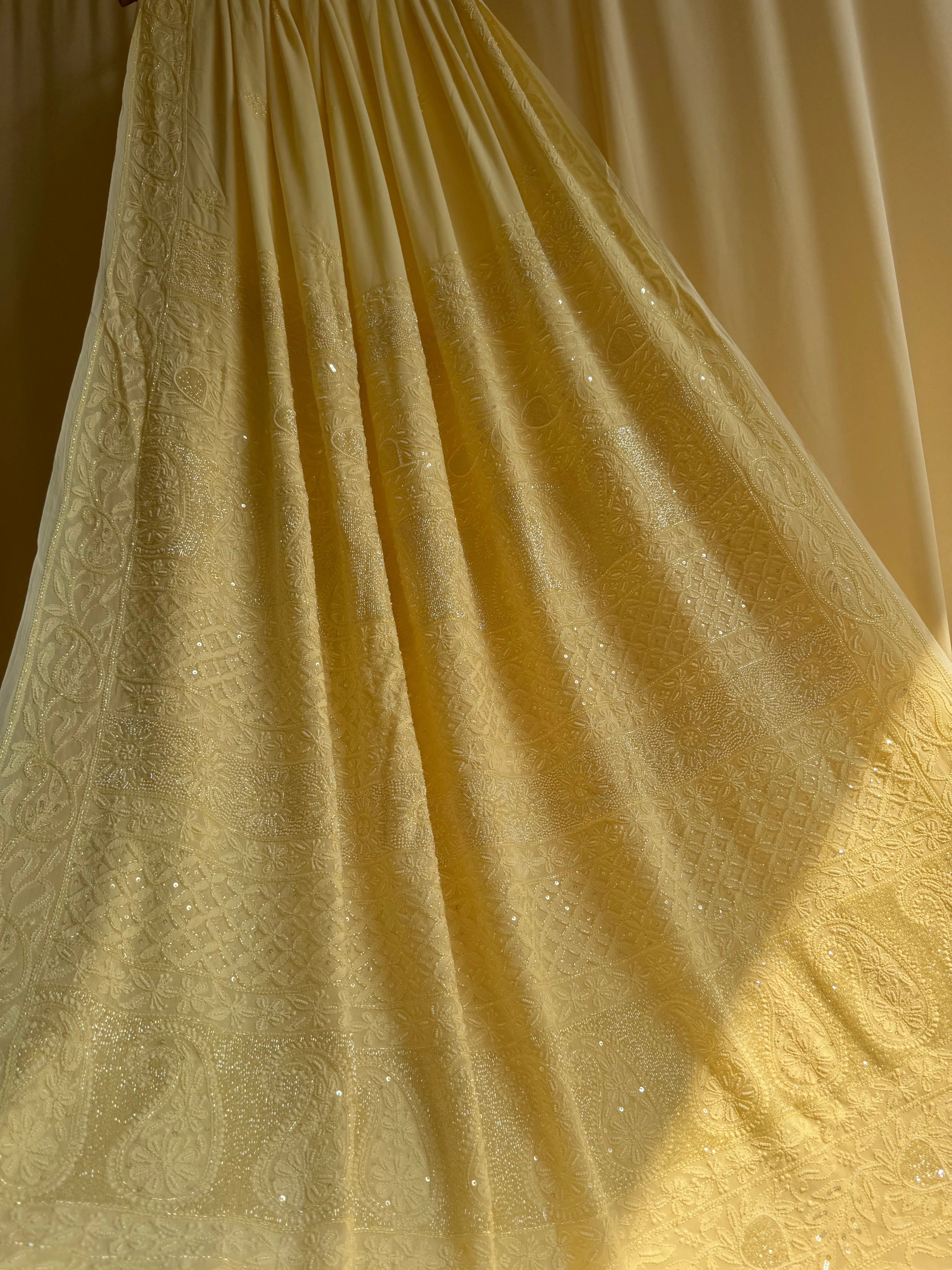 Cream Yellow Chikankari saree with Pearl embellishments ARIAA CHIKANKARI 