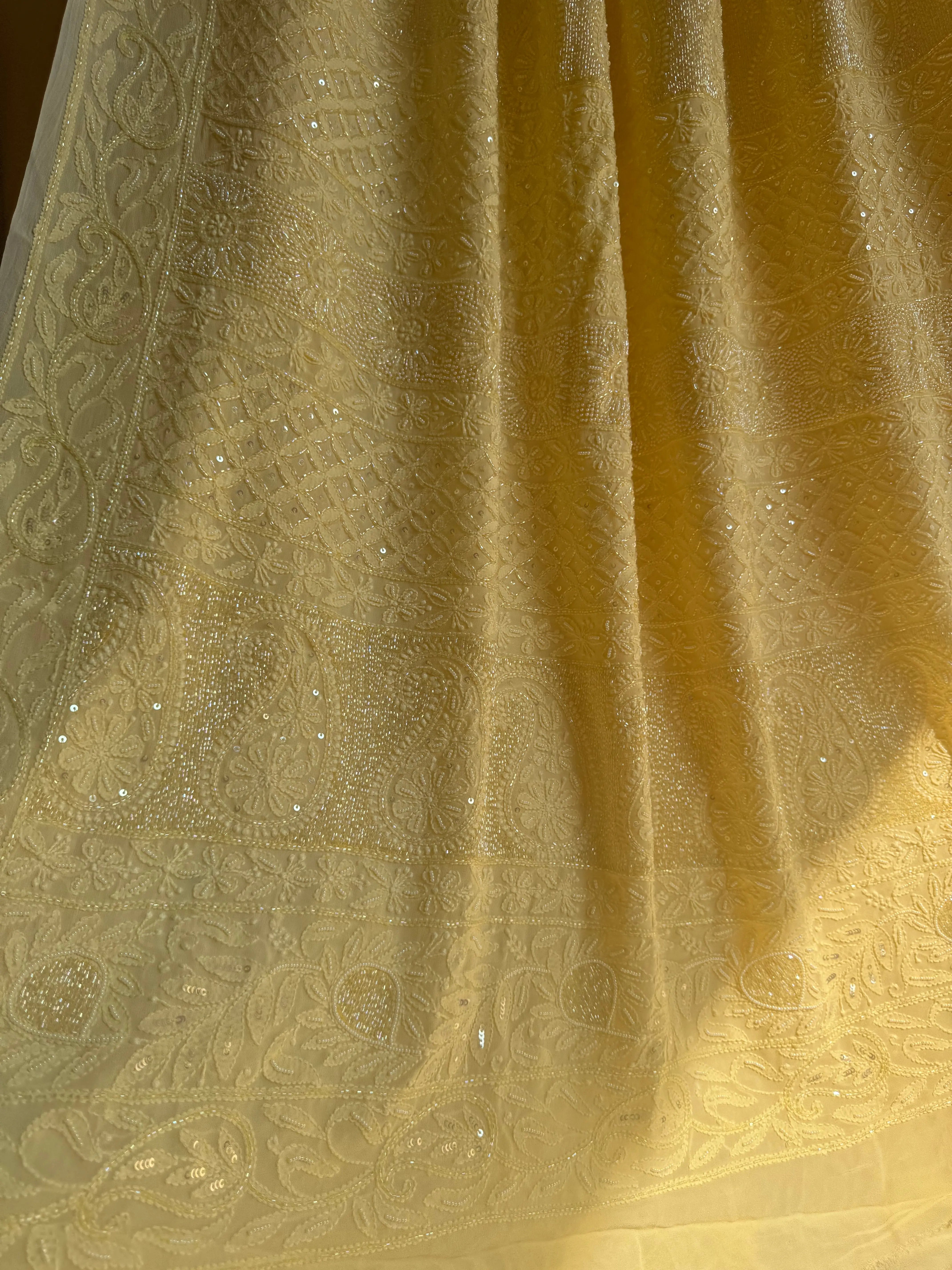 Cream Yellow Chikankari saree with Pearl embellishments ARIAA CHIKANKARI 