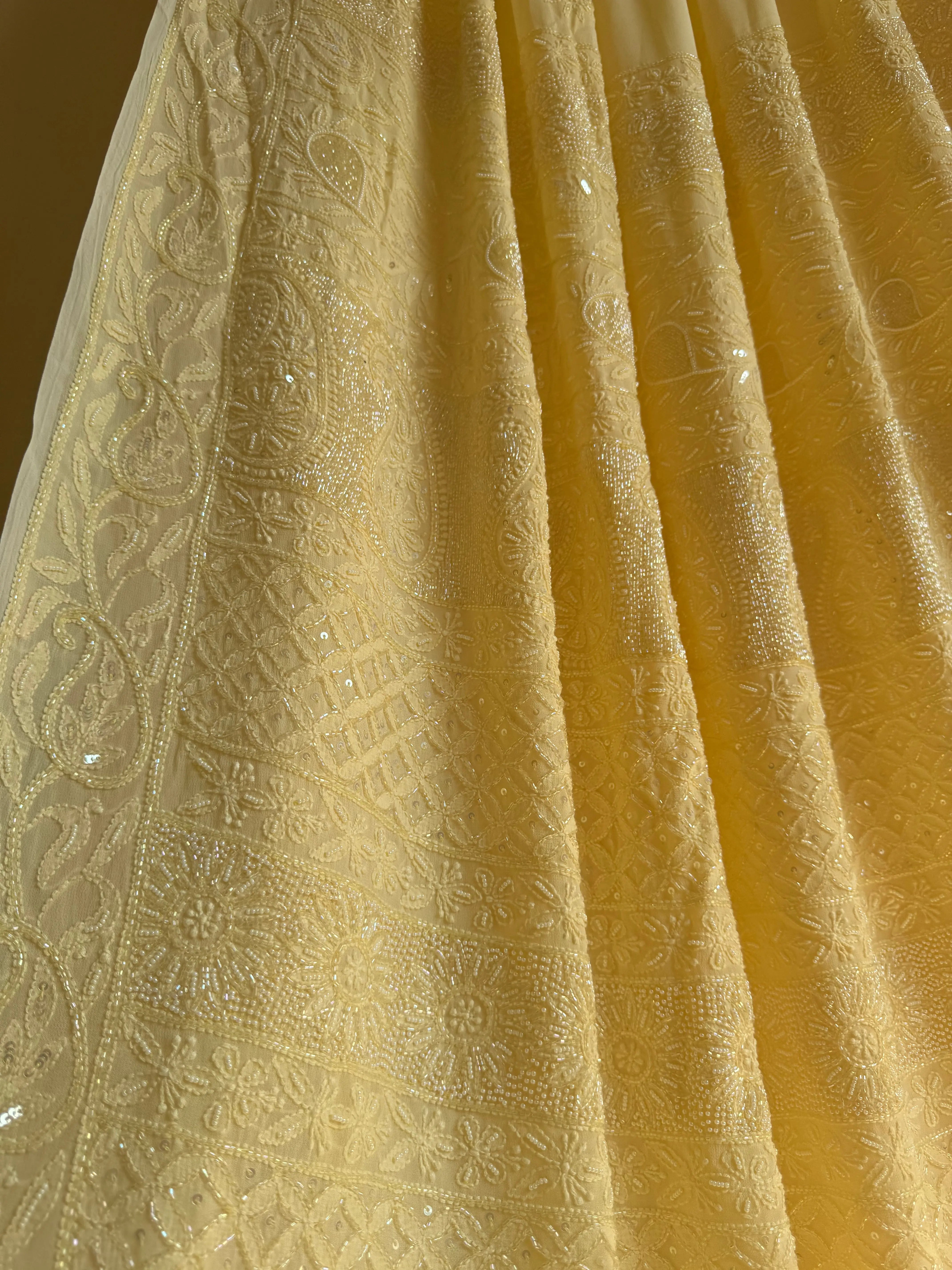 Cream Yellow Chikankari saree with Pearl embellishments ARIAA CHIKANKARI 