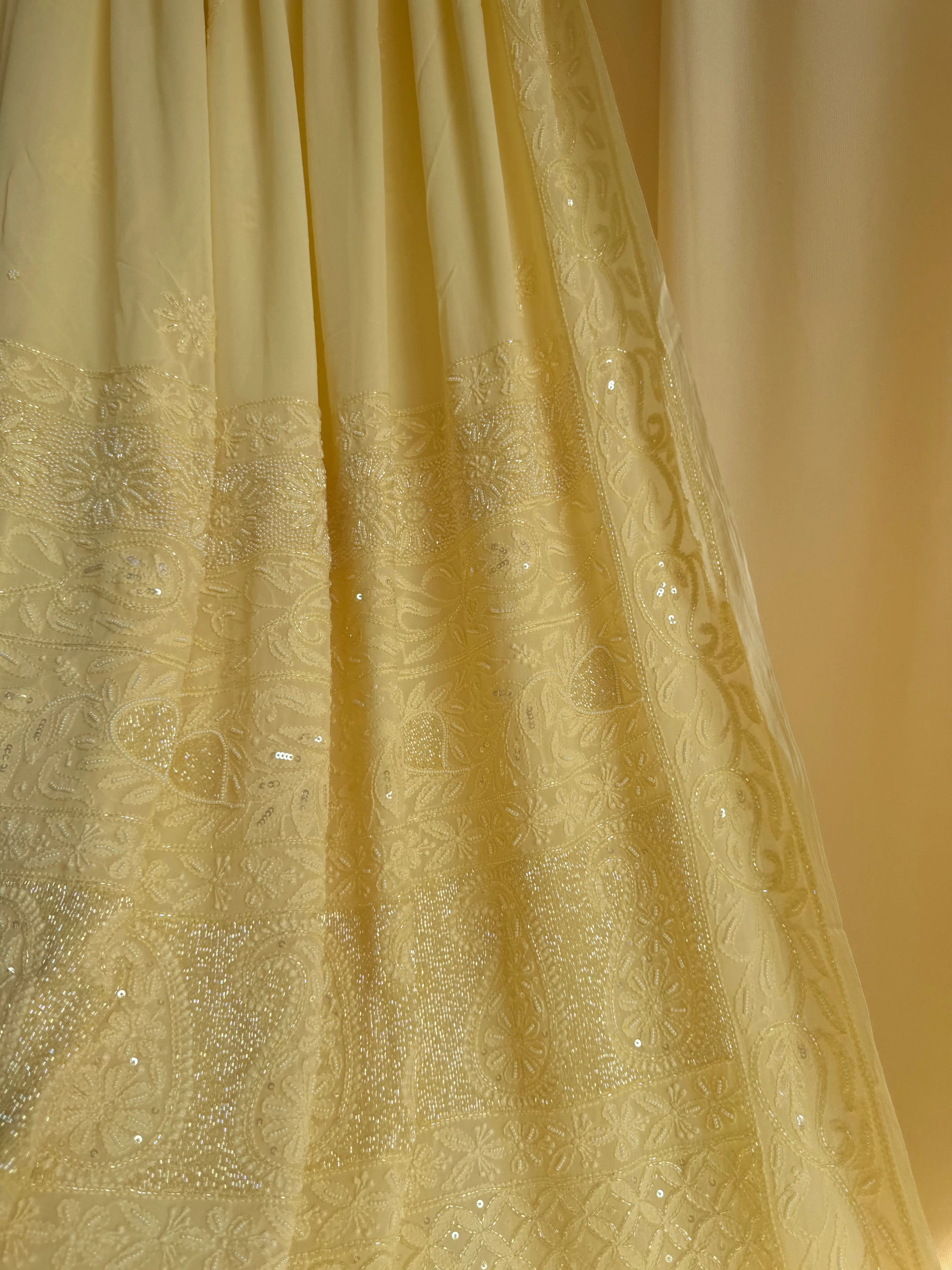 Cream Yellow Chikankari saree with Pearl embellishments ARIAA CHIKANKARI 