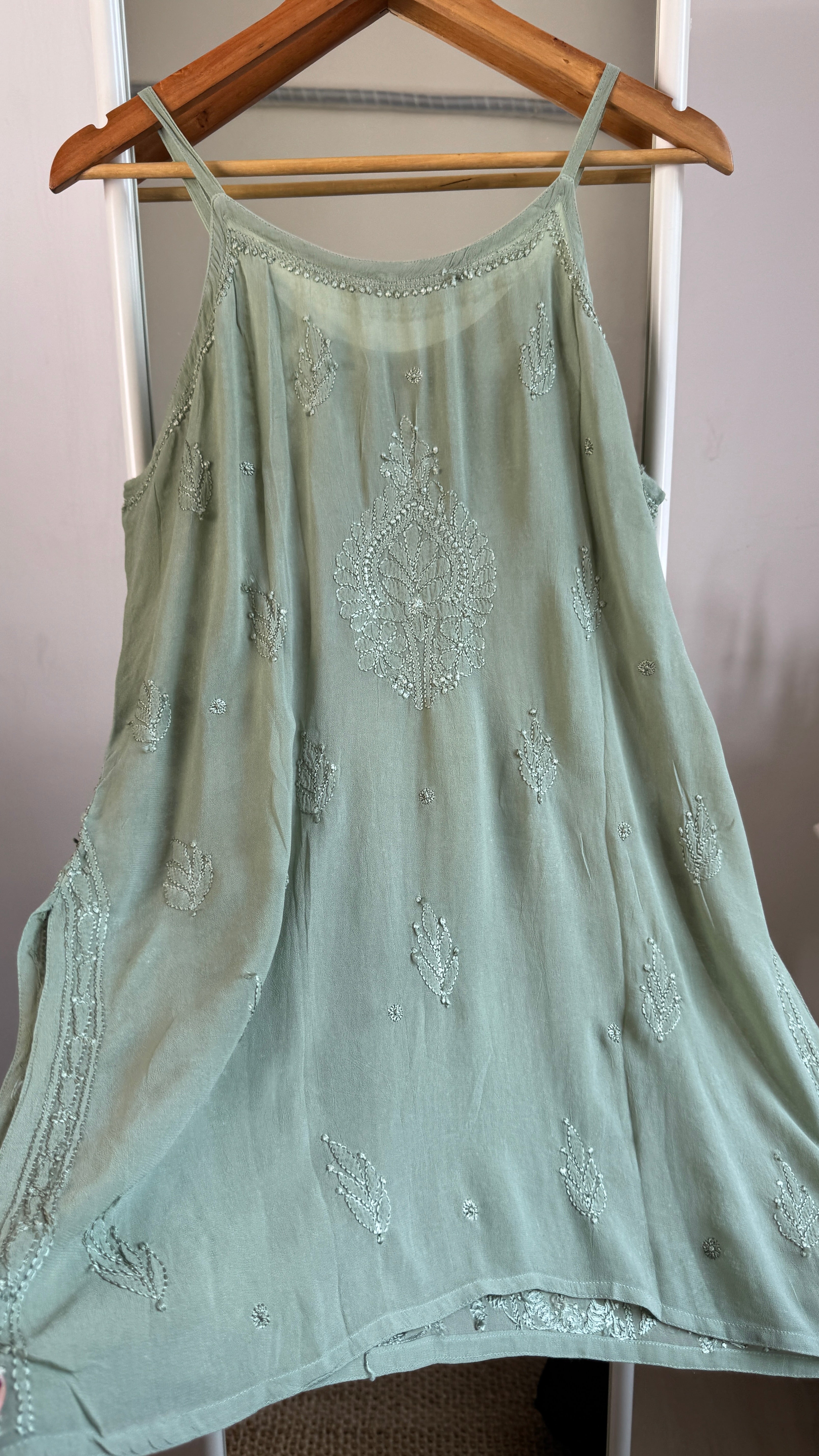 Chikankari Noodle Strap Top in Green