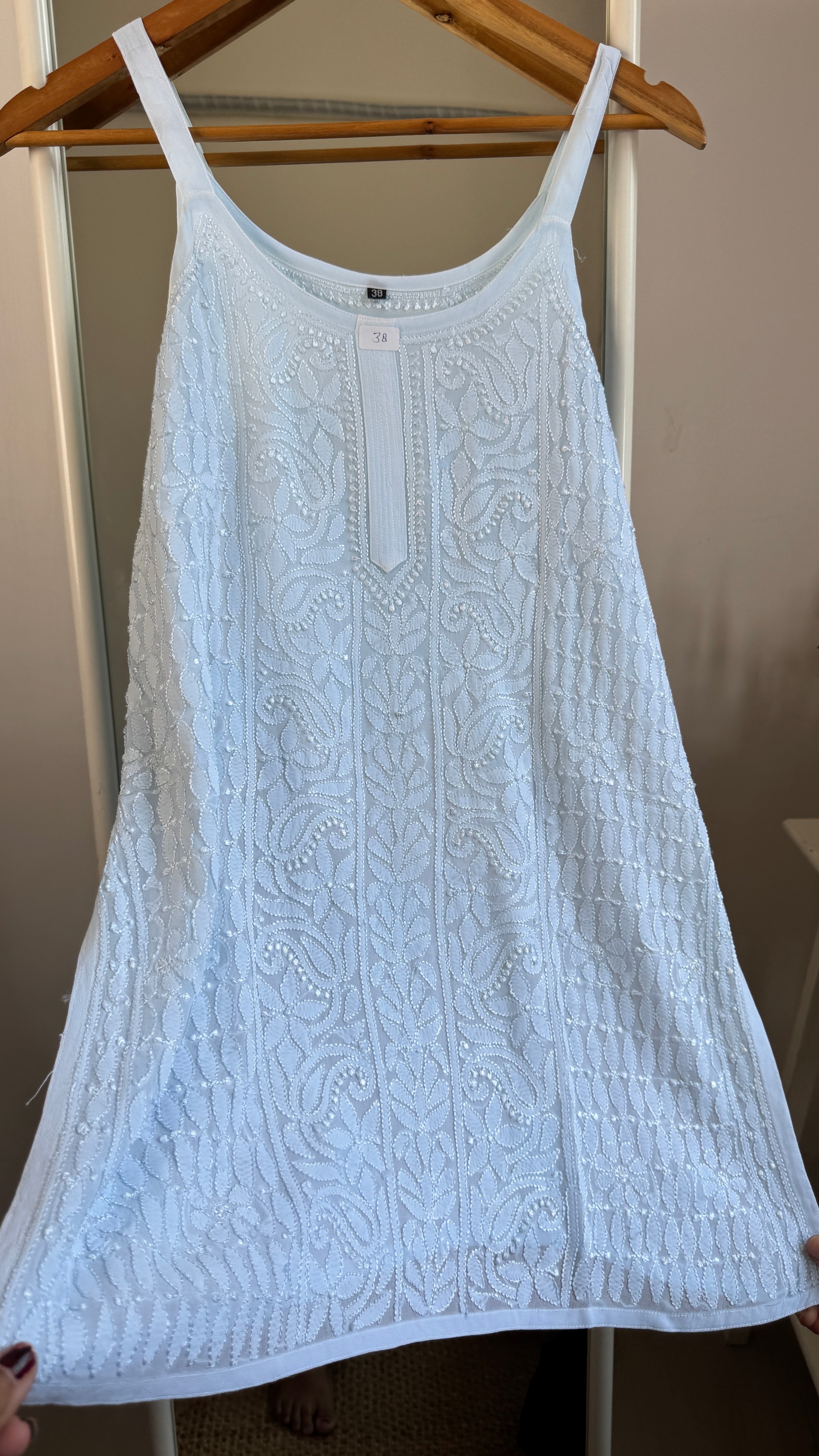Chikankari Noodle Strap Top in Blue