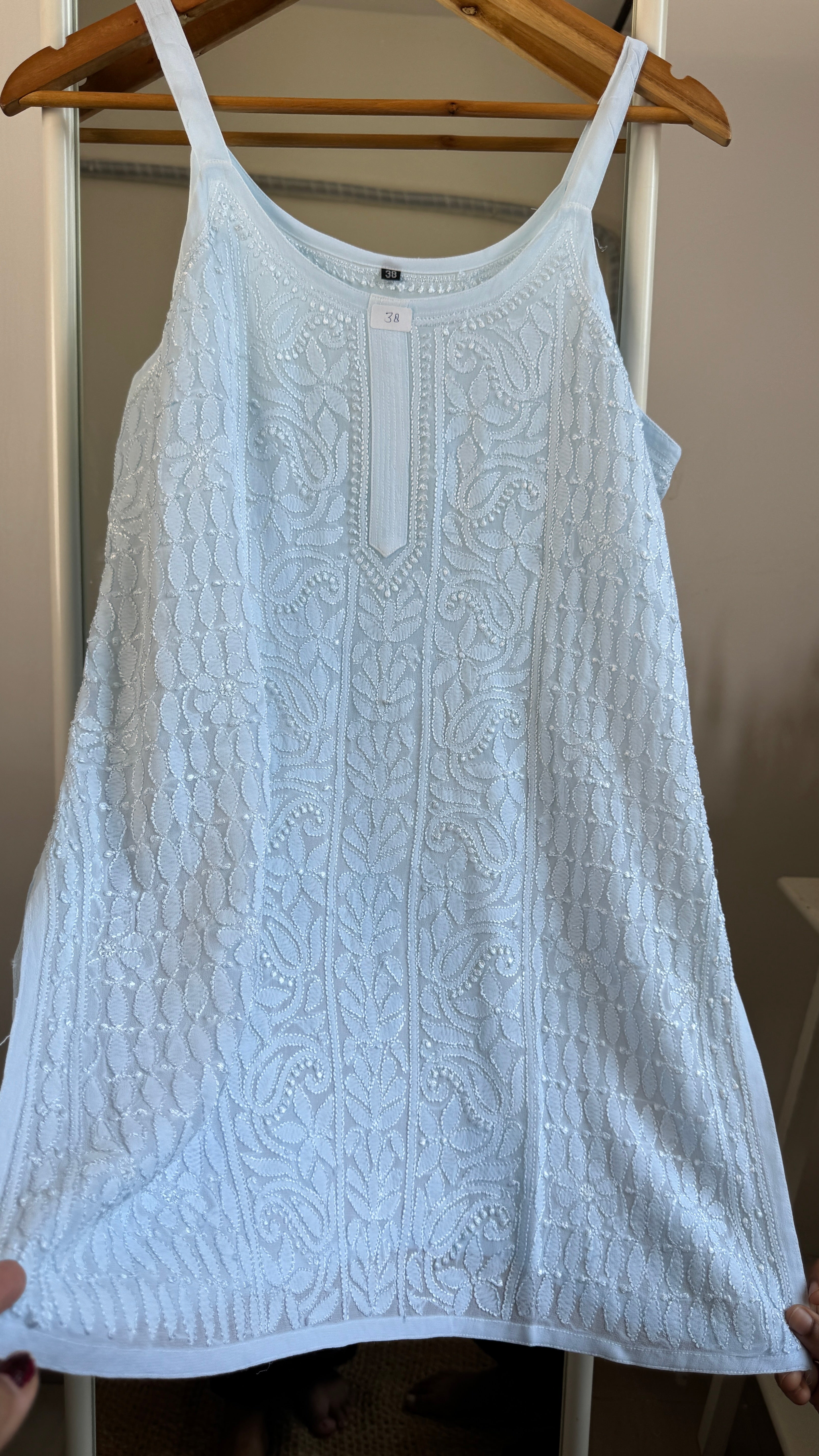 Chikankari Noodle Strap Top in Blue