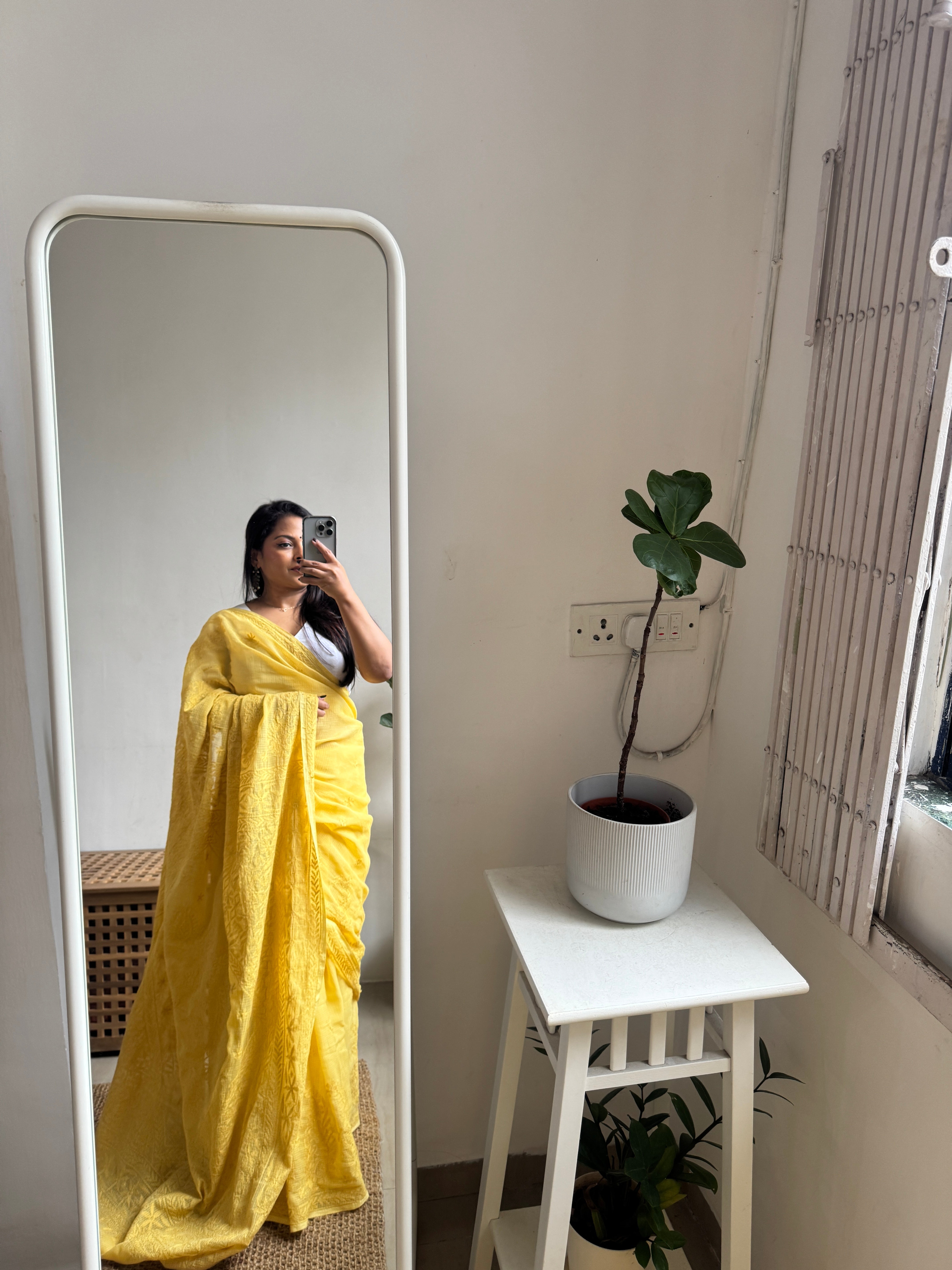 Kota Chikankari saree in Mustard Yellow ARIAA CHIKANKARI 
