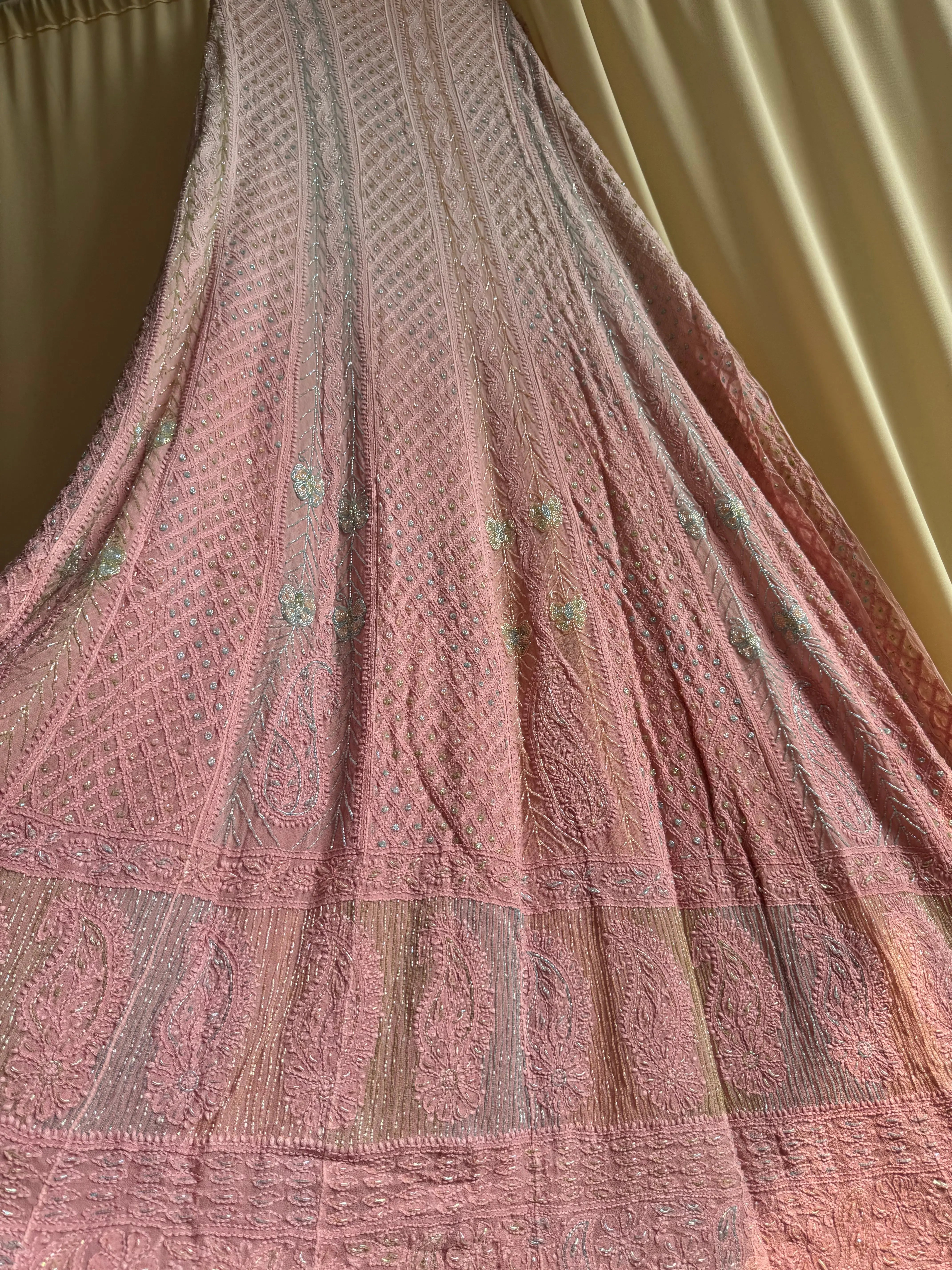 Viscose Anarkali - Semi Stitched - Pearl Work - Pink Ombre ARIAA CHIKANKARI 