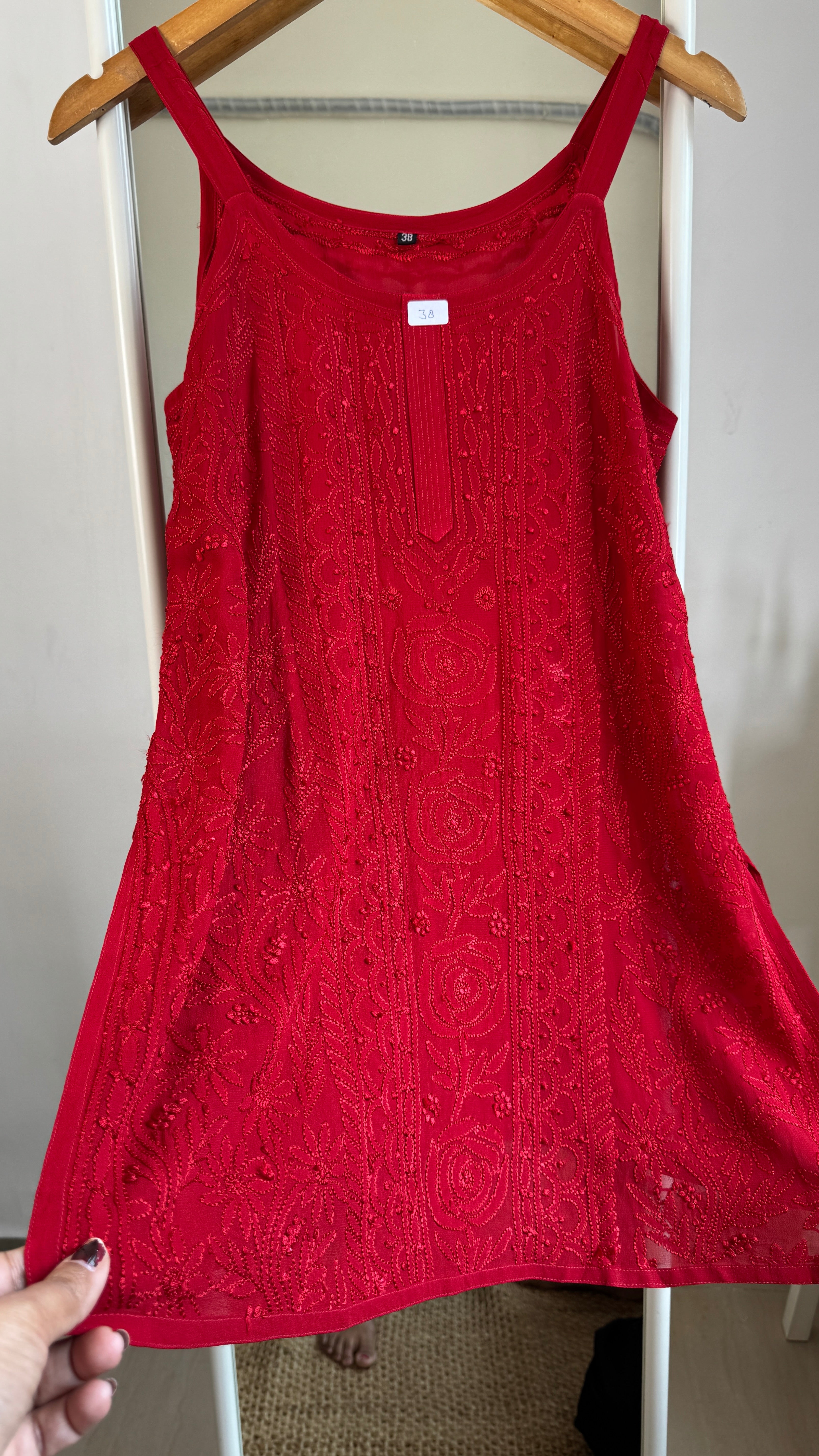 Chikankari Noodle Strap Top in Red