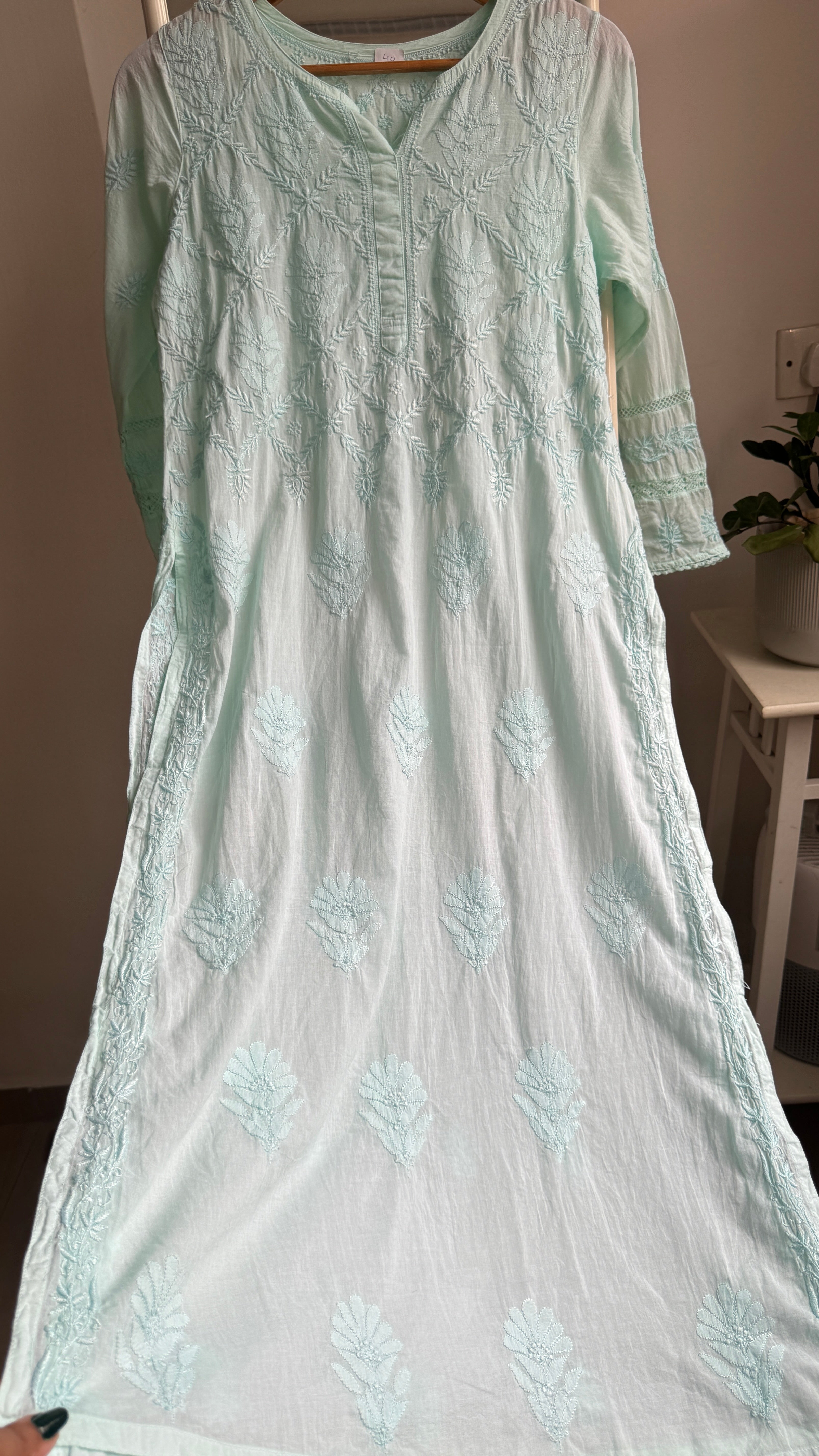 Mul Cotton Cyan Green Chikankari Kurti - Bela Collection