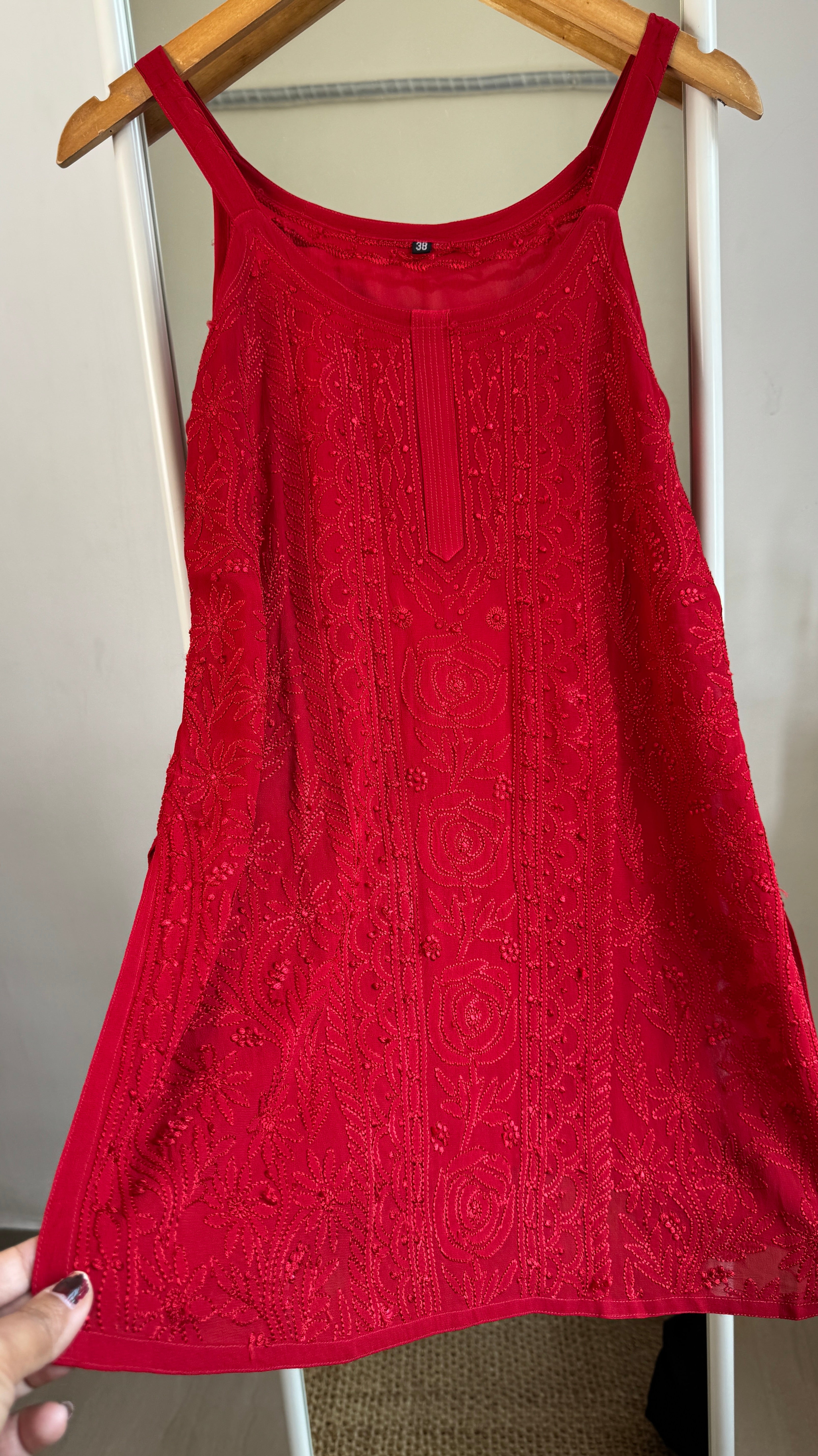Chikankari Noodle Strap Top in Red