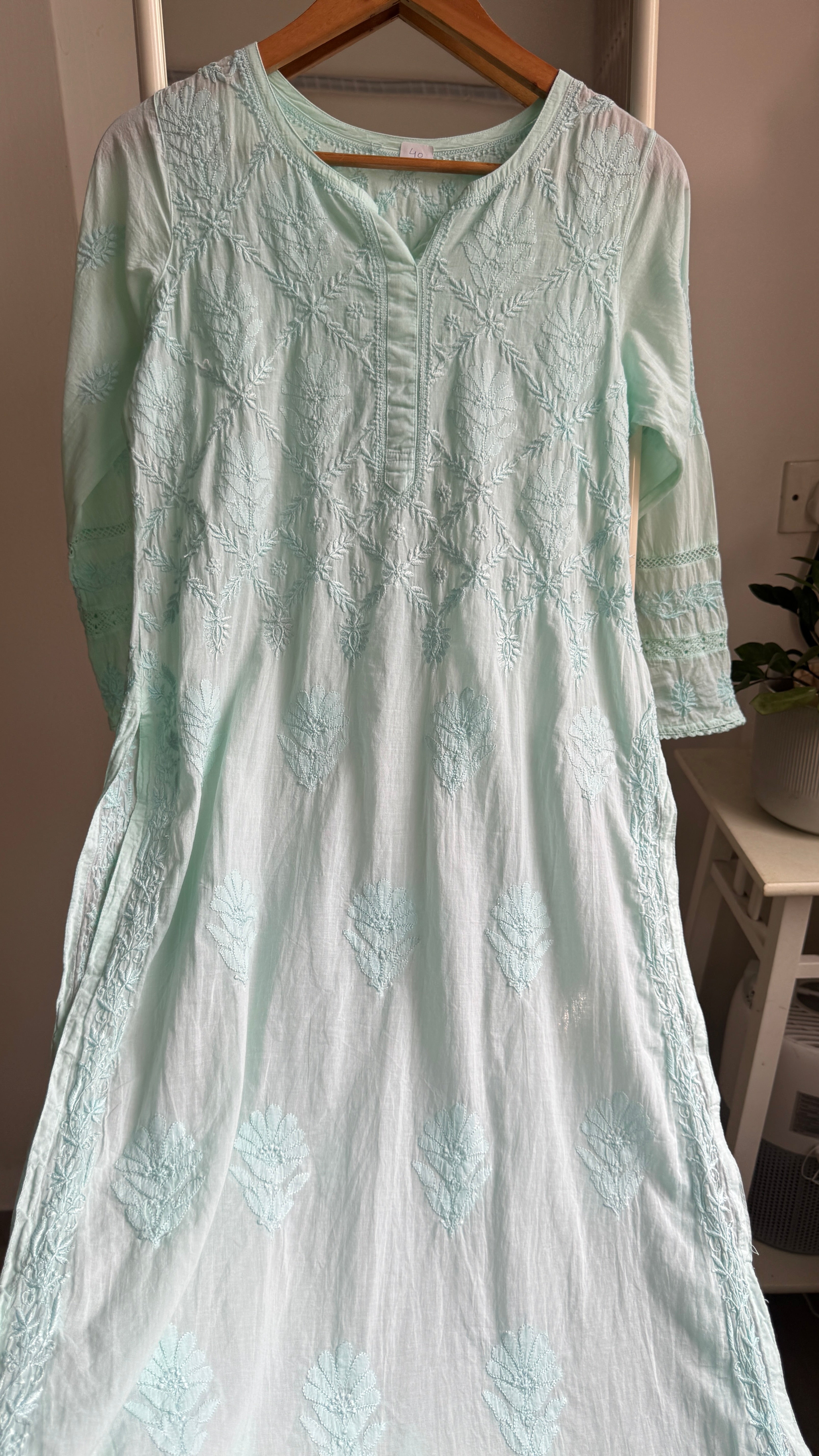 Mul Cotton Cyan Green Chikankari Kurti - Bela Collection