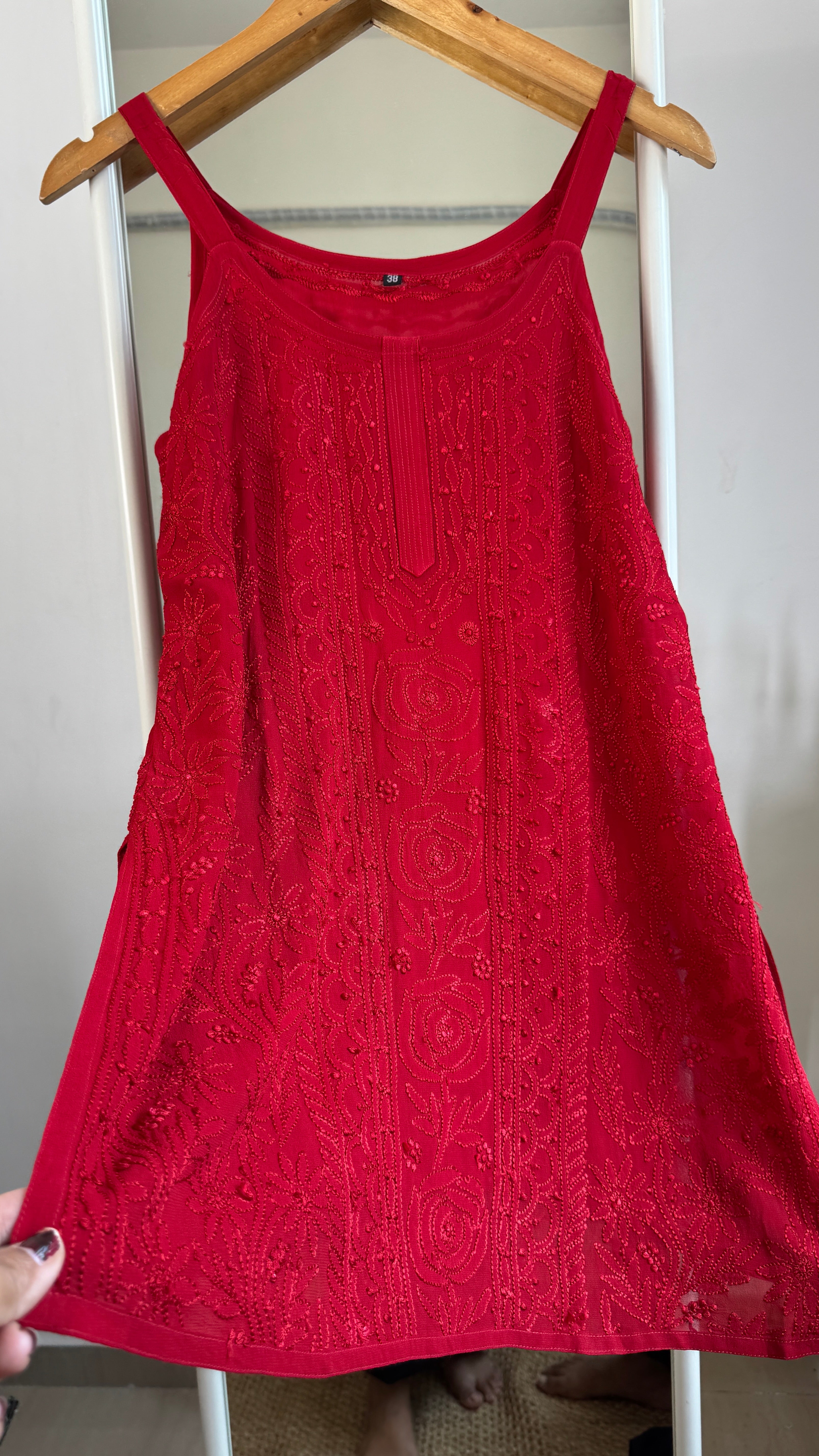 Chikankari Noodle Strap Top in Red