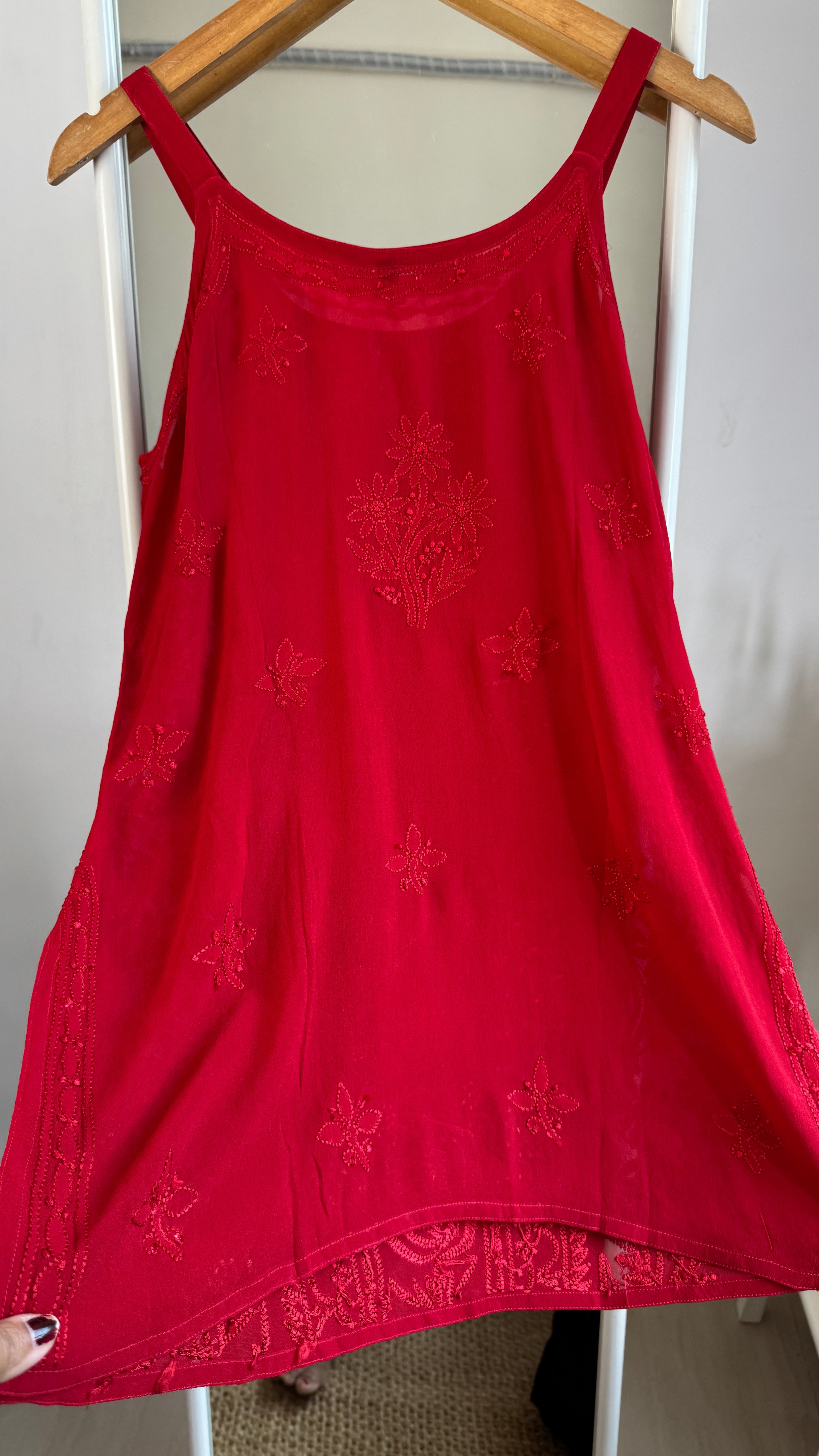 Chikankari Noodle Strap Top in Red