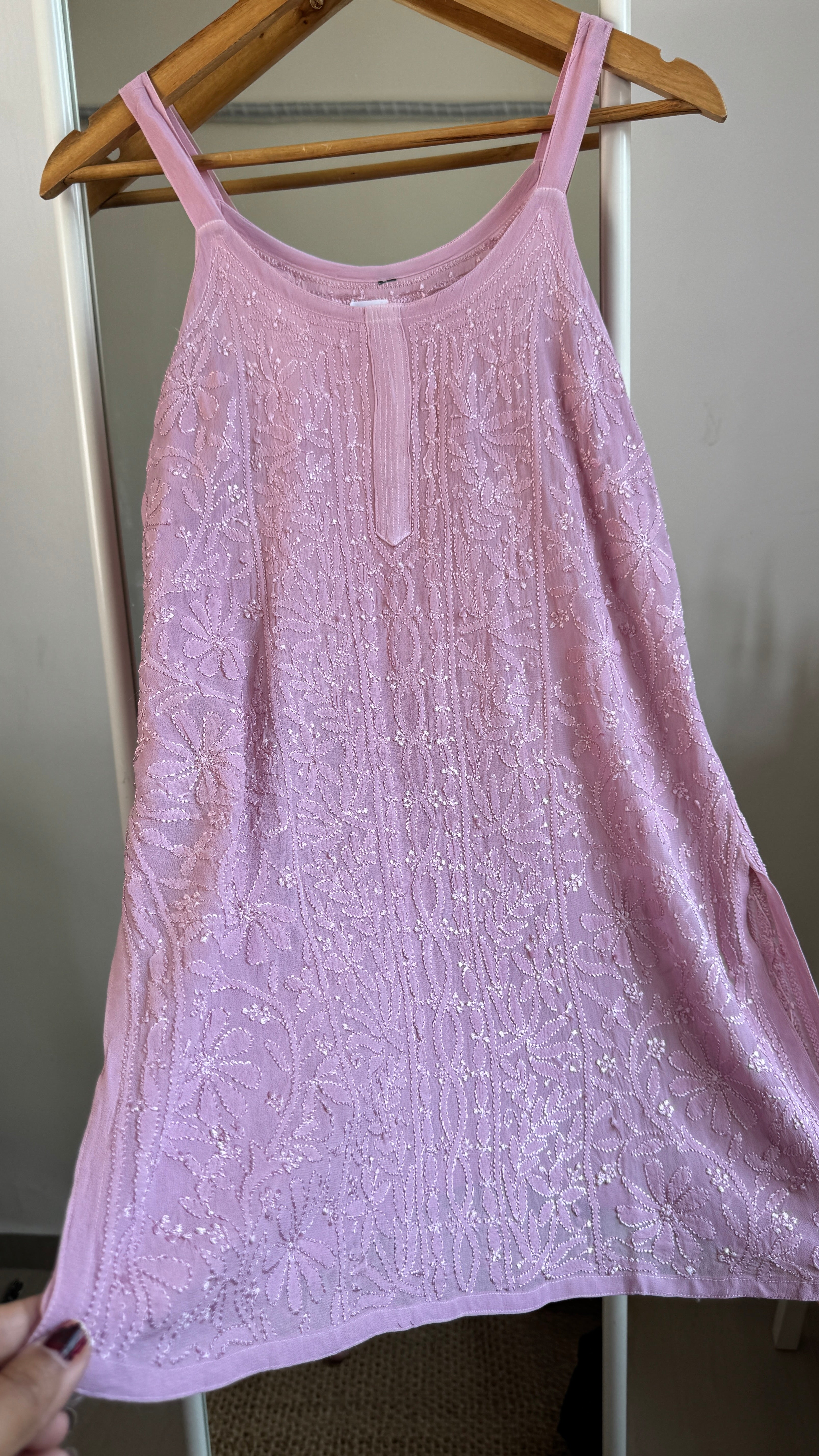 Chikankari Noodle Strap short Top in Mauve Pink