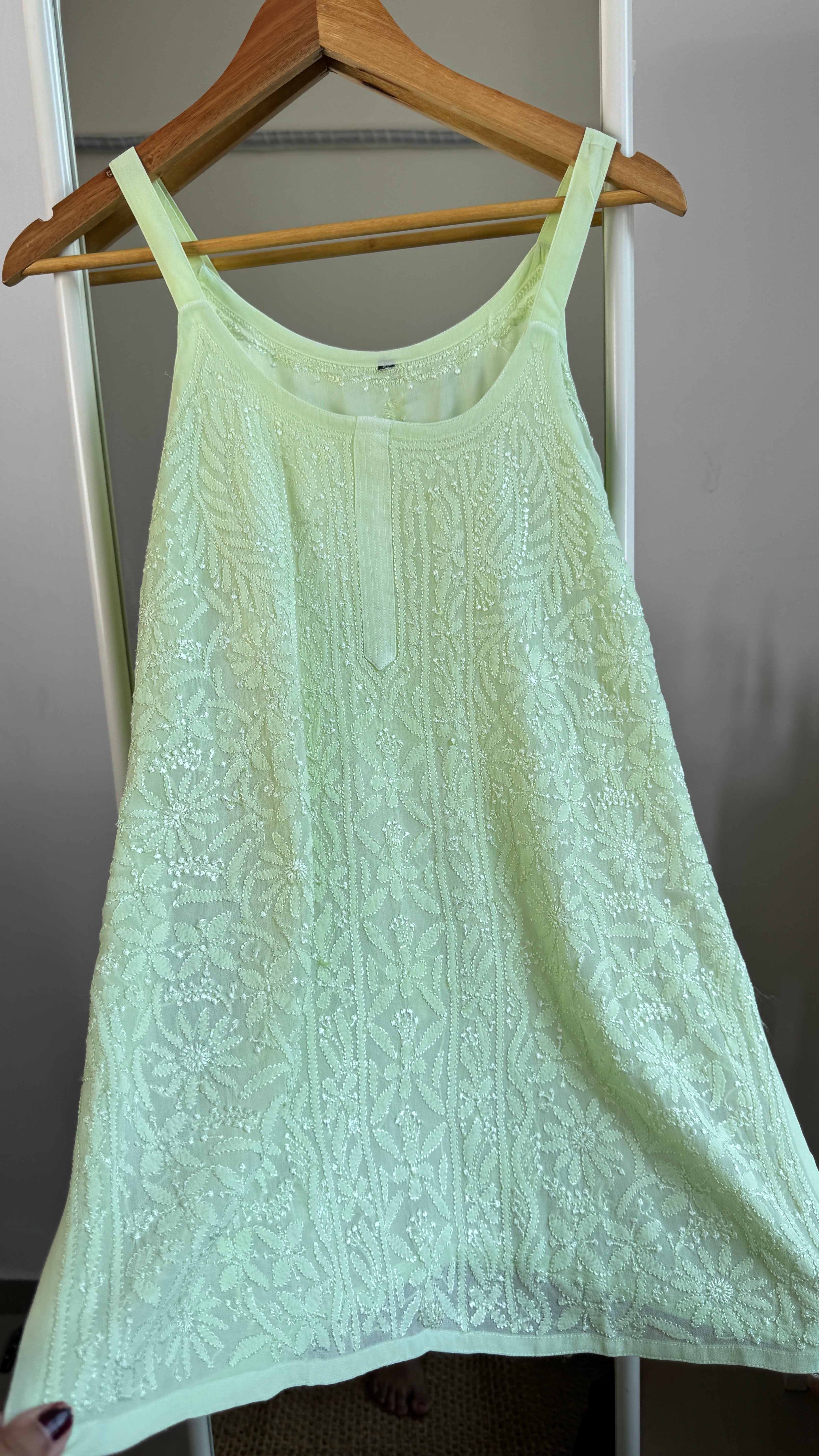 Chikankari Noodle Strap Top in Green