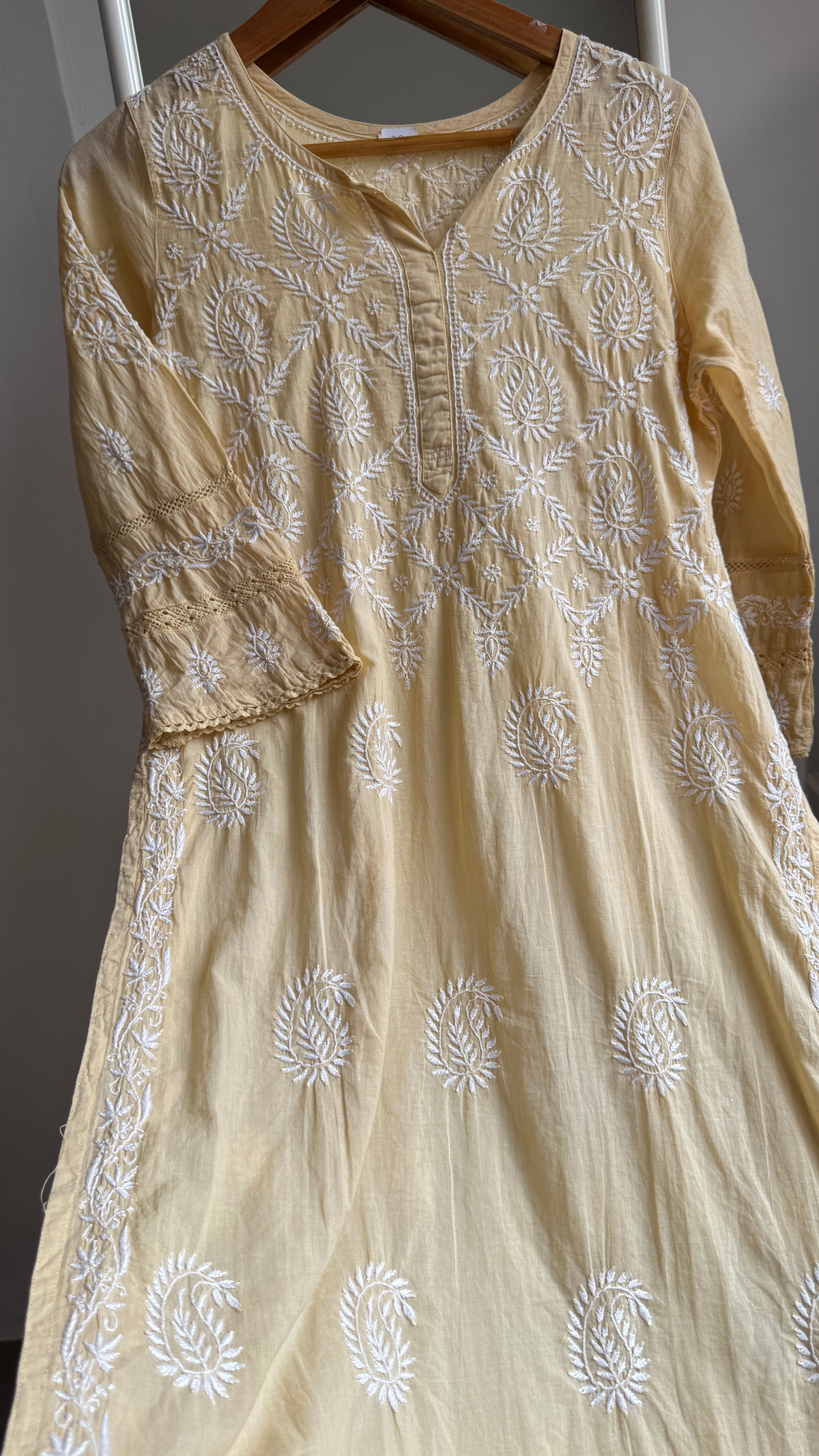 Mul Cotton Butter Yellow Chikankari Kurti - Bela Collection