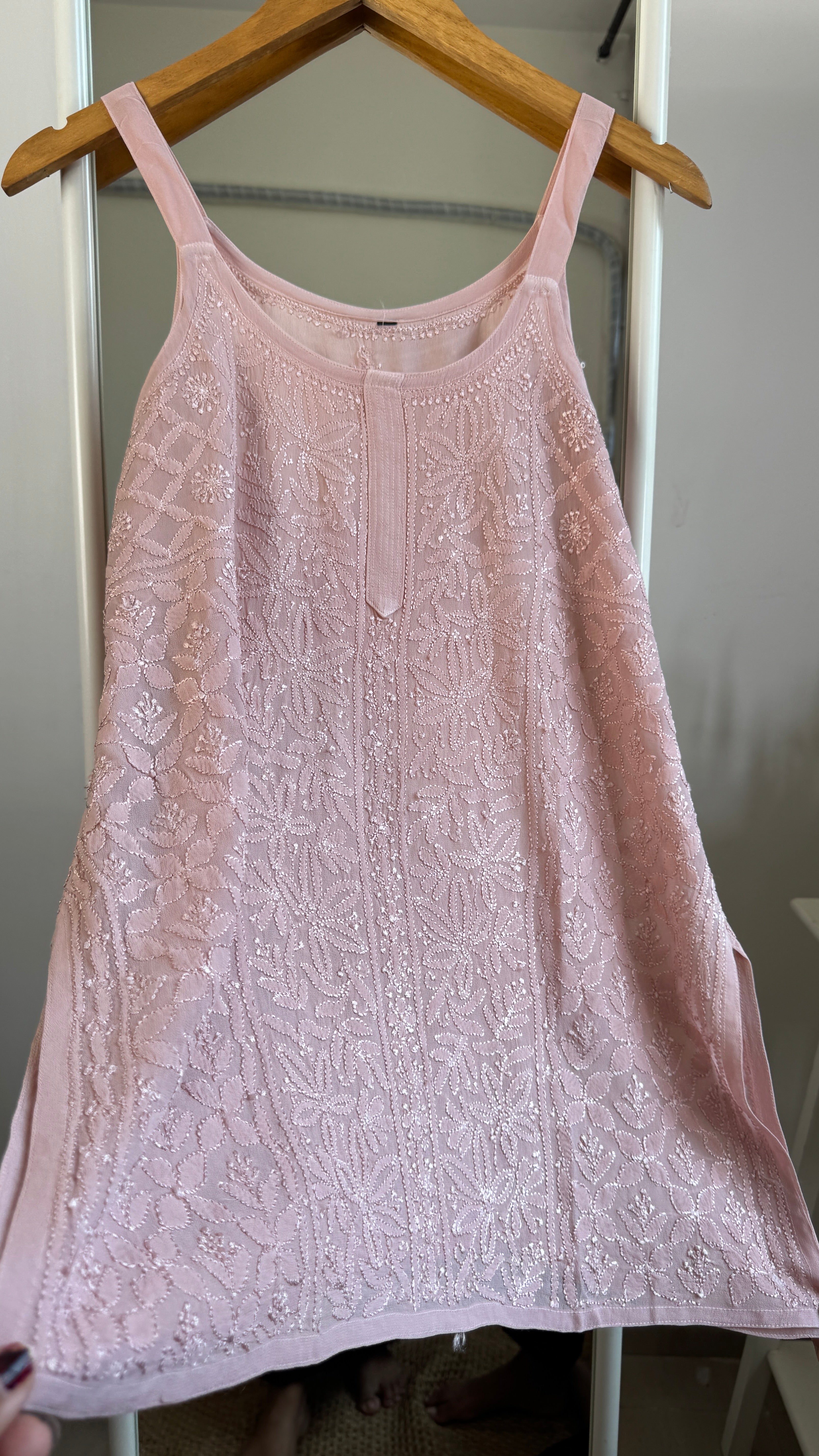 Chikankari Noodle Strap Top in Nude Pink