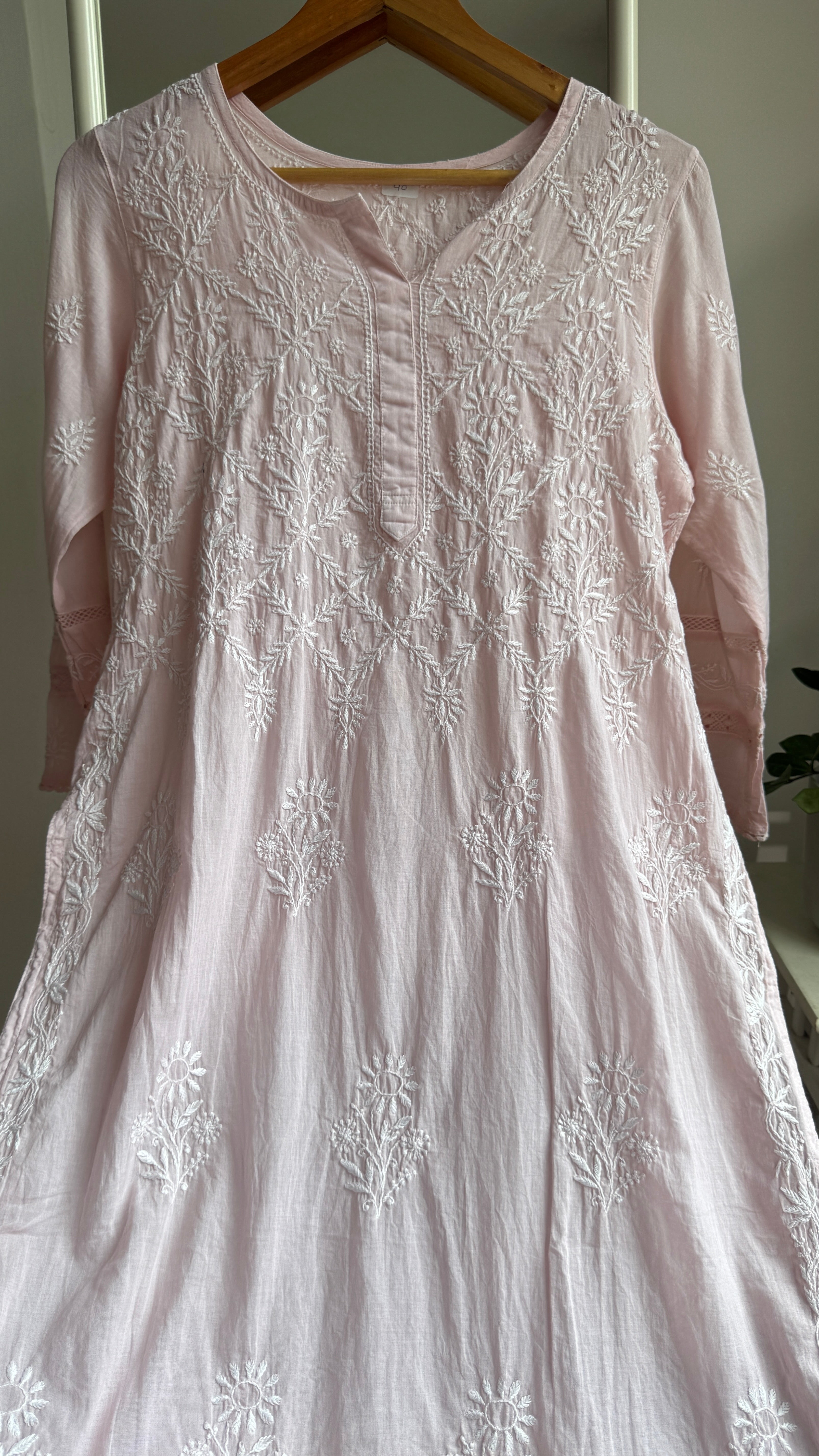 Mul Cotton Pale Pink Chikankari Kurti - Bela Collection